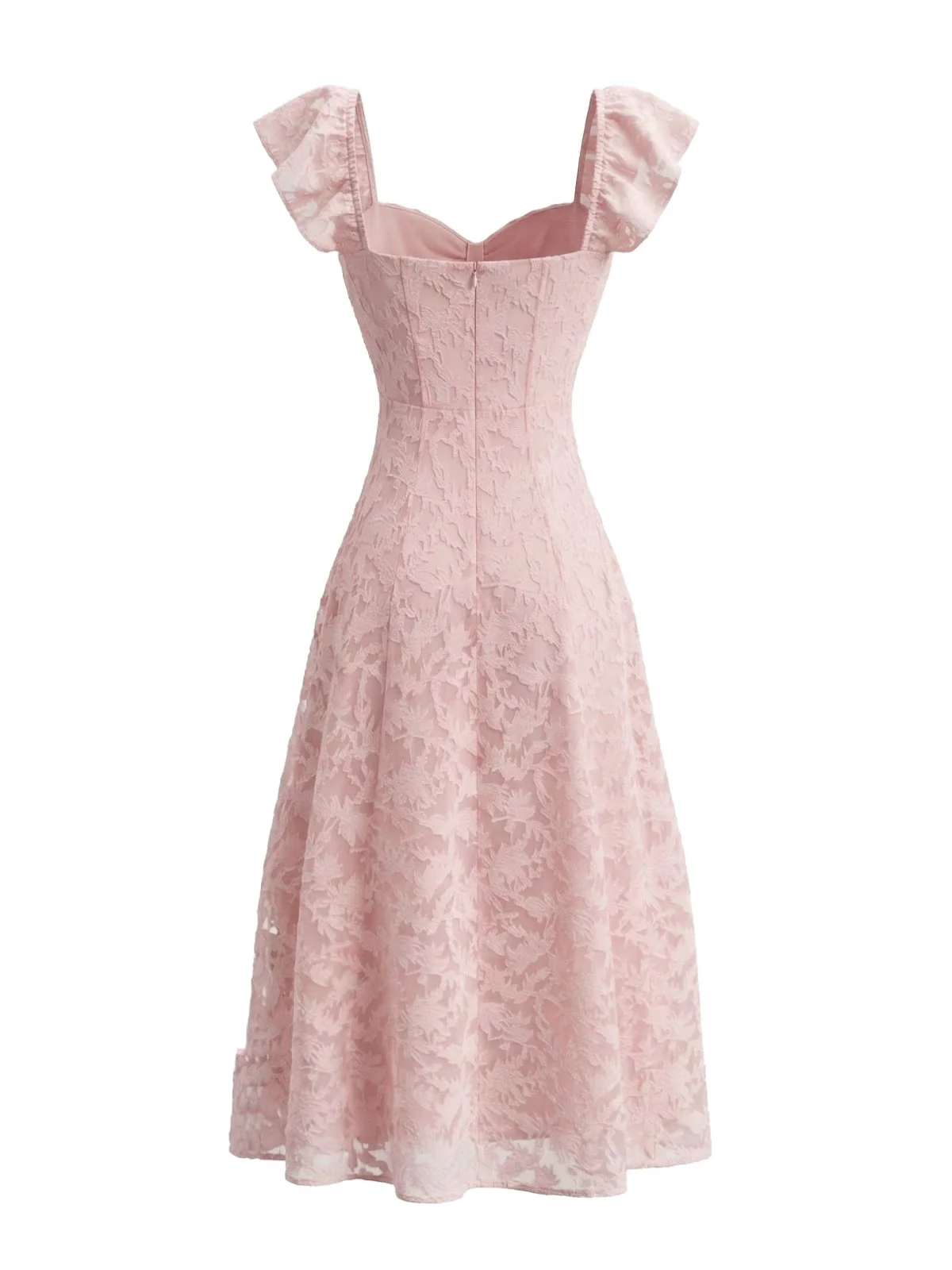 Pink 1950s Sweetheart Jacquard Lace Ruffle Sleeve Dress - Image 3