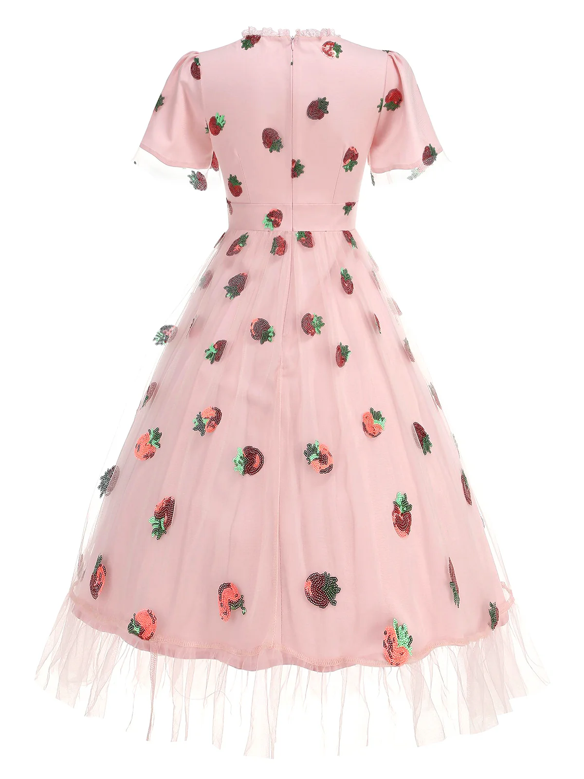 Pink 1950s V-Neck Strawberry Mesh Swing Dress - Image 2