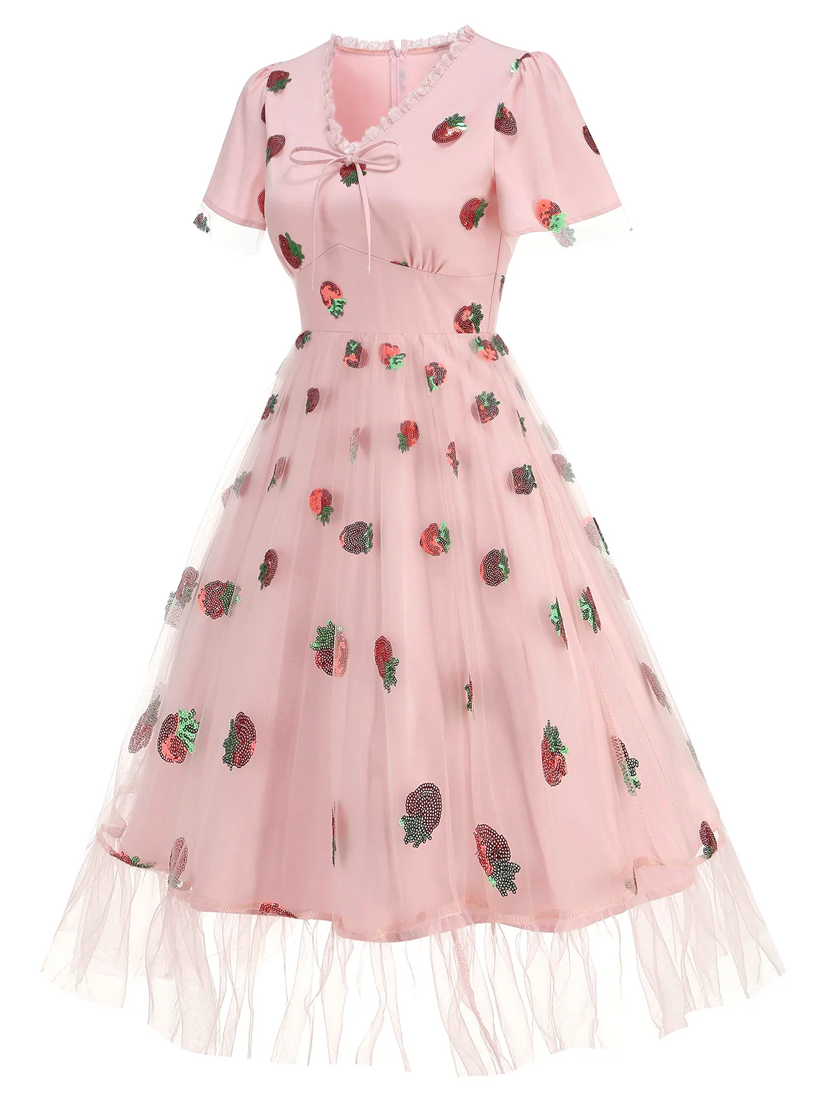 Pink 1950s V-Neck Strawberry Mesh Swing Dress - Image 3