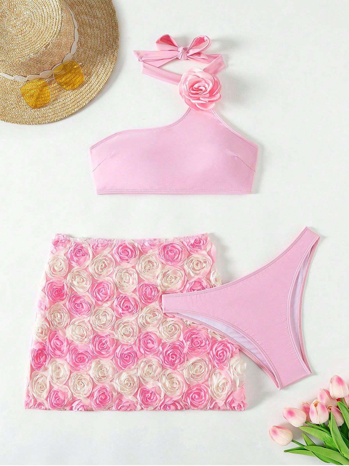 Pink 1960s 3D Roses Halter Bikini Set & Cover-Up - Image 4