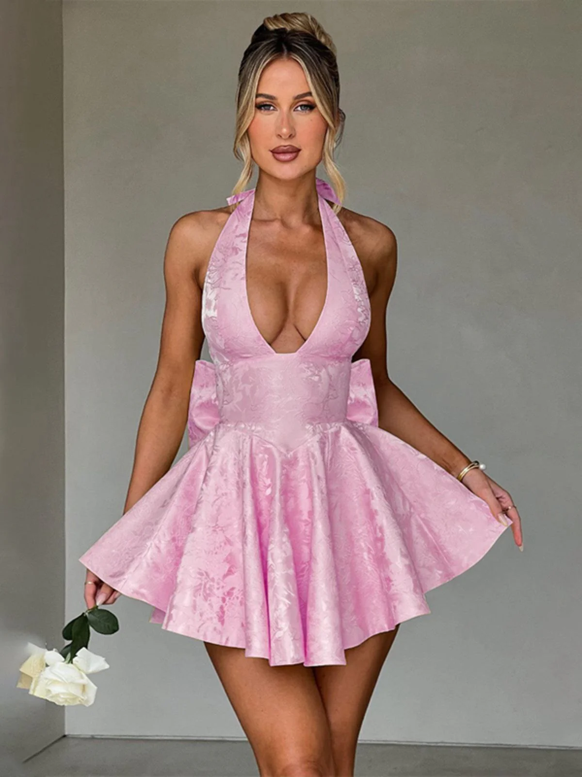 Pink 1960s Back Bow Jacquard Floral Dress - Image 2