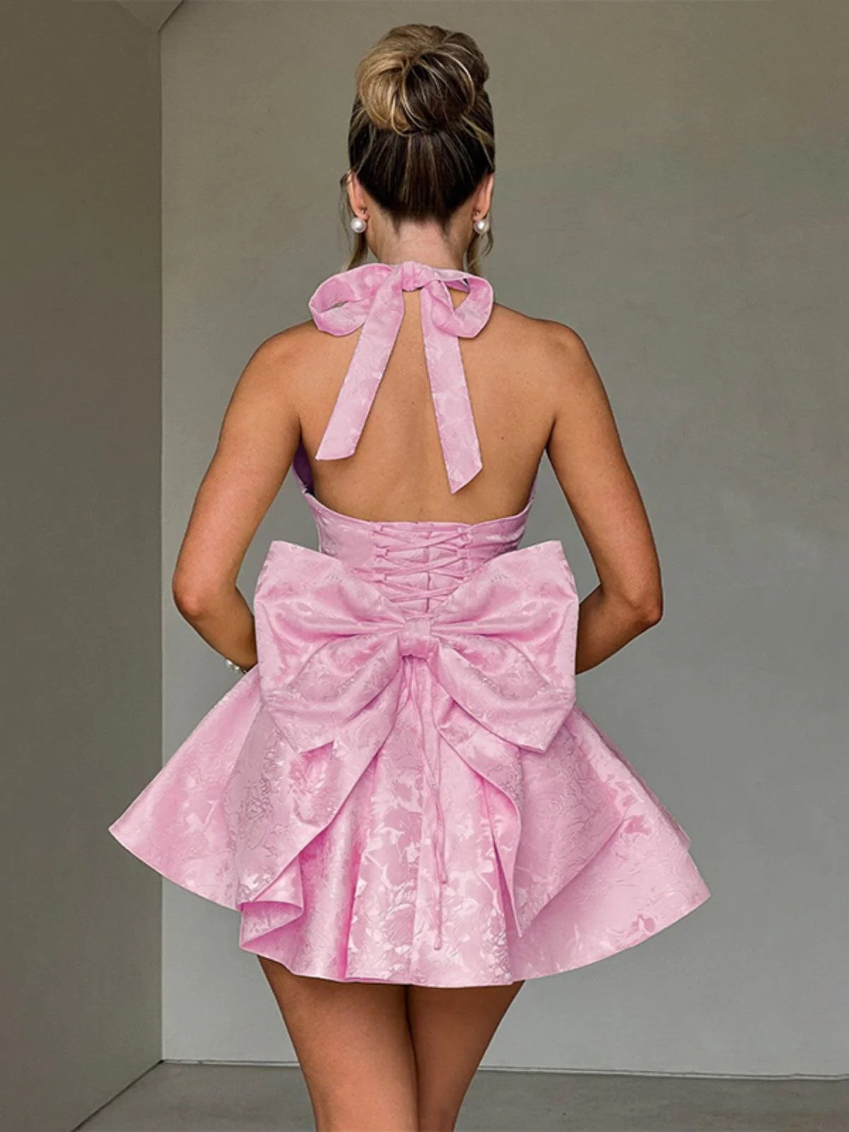 Pink 1960s Back Bow Jacquard Floral Dress - Image 3