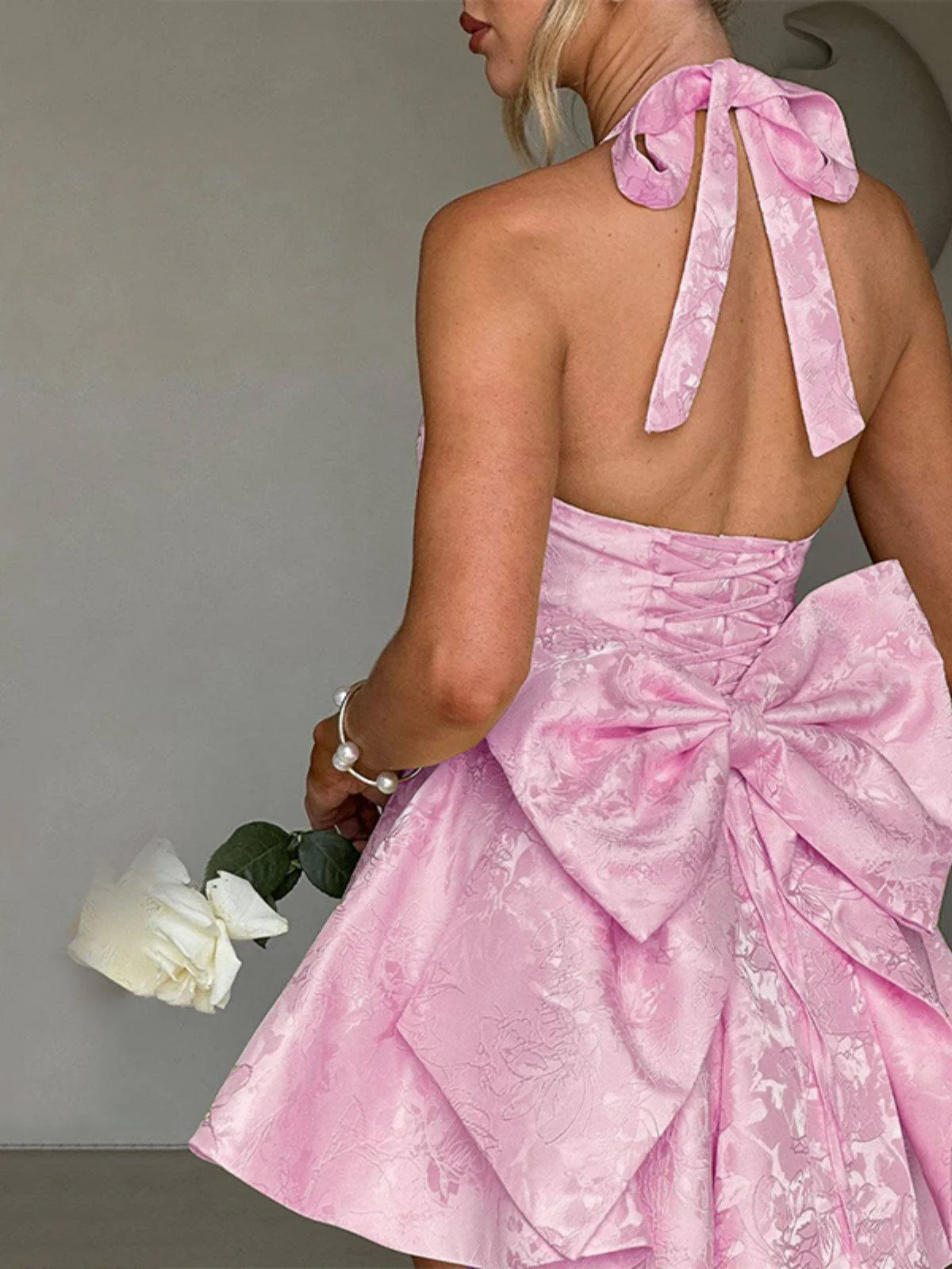 Pink 1960s Back Bow Jacquard Floral Dress - Image 4