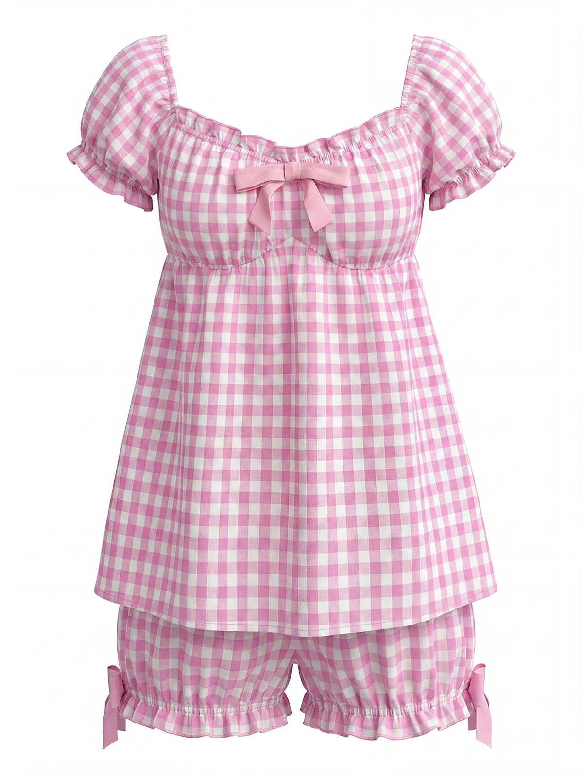 [Pre-Sale] Pink 1960s Bow Gingham Ruffle Pajama Set - Image 2