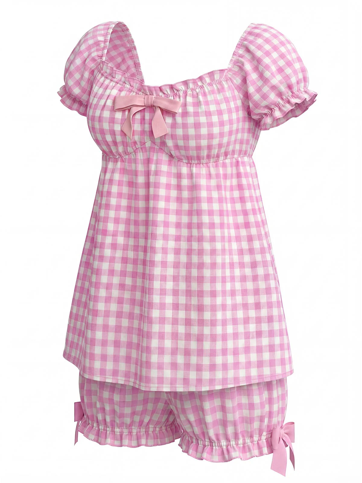 [Pre-Sale] Pink 1960s Bow Gingham Ruffle Pajama Set - Image 3