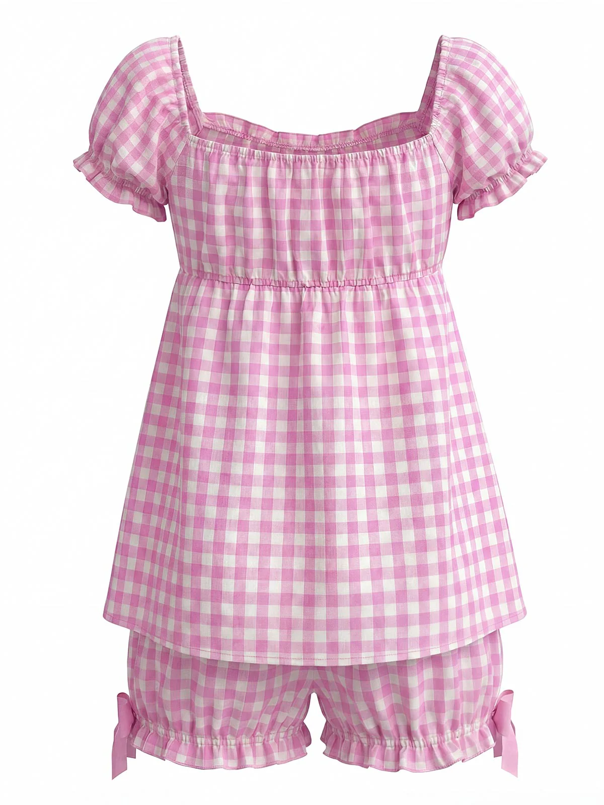 [Pre-Sale] Pink 1960s Bow Gingham Ruffle Pajama Set - Image 4