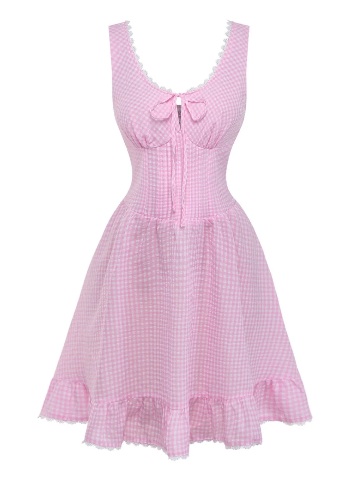 Pink 1960s Bow Lace Gingham Lace-up Dress - Image 2