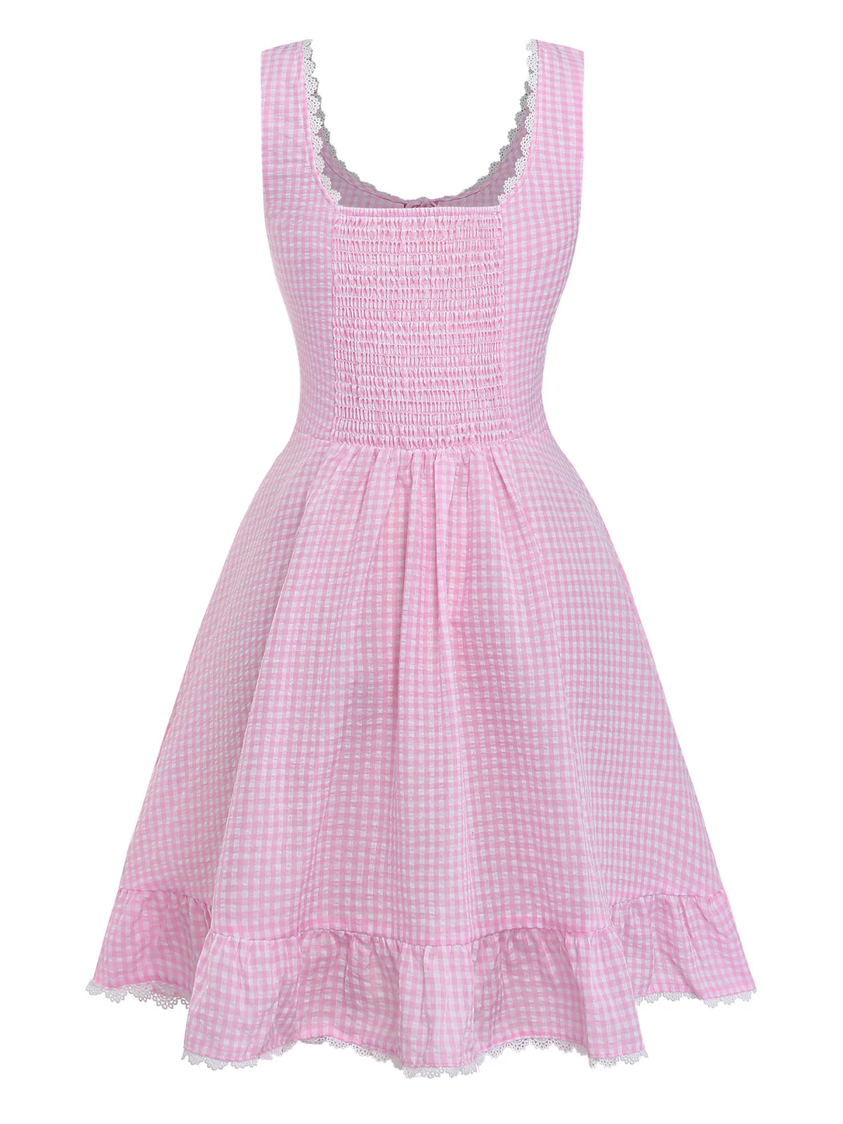 Pink 1960s Bow Lace Gingham Lace-up Dress - Image 3