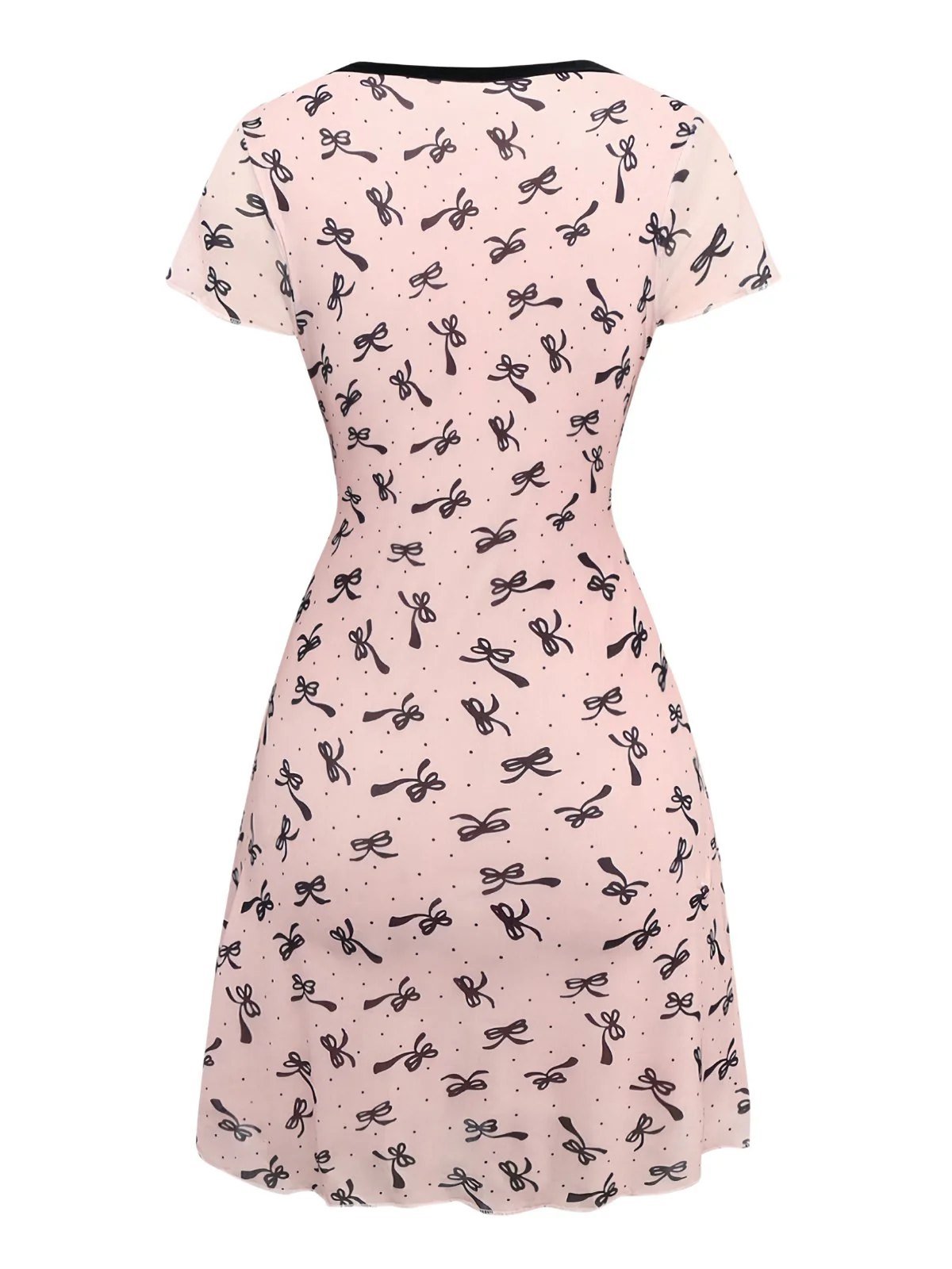 Pink 1960s Bow Print V-Neck Mesh Dress - Image 2