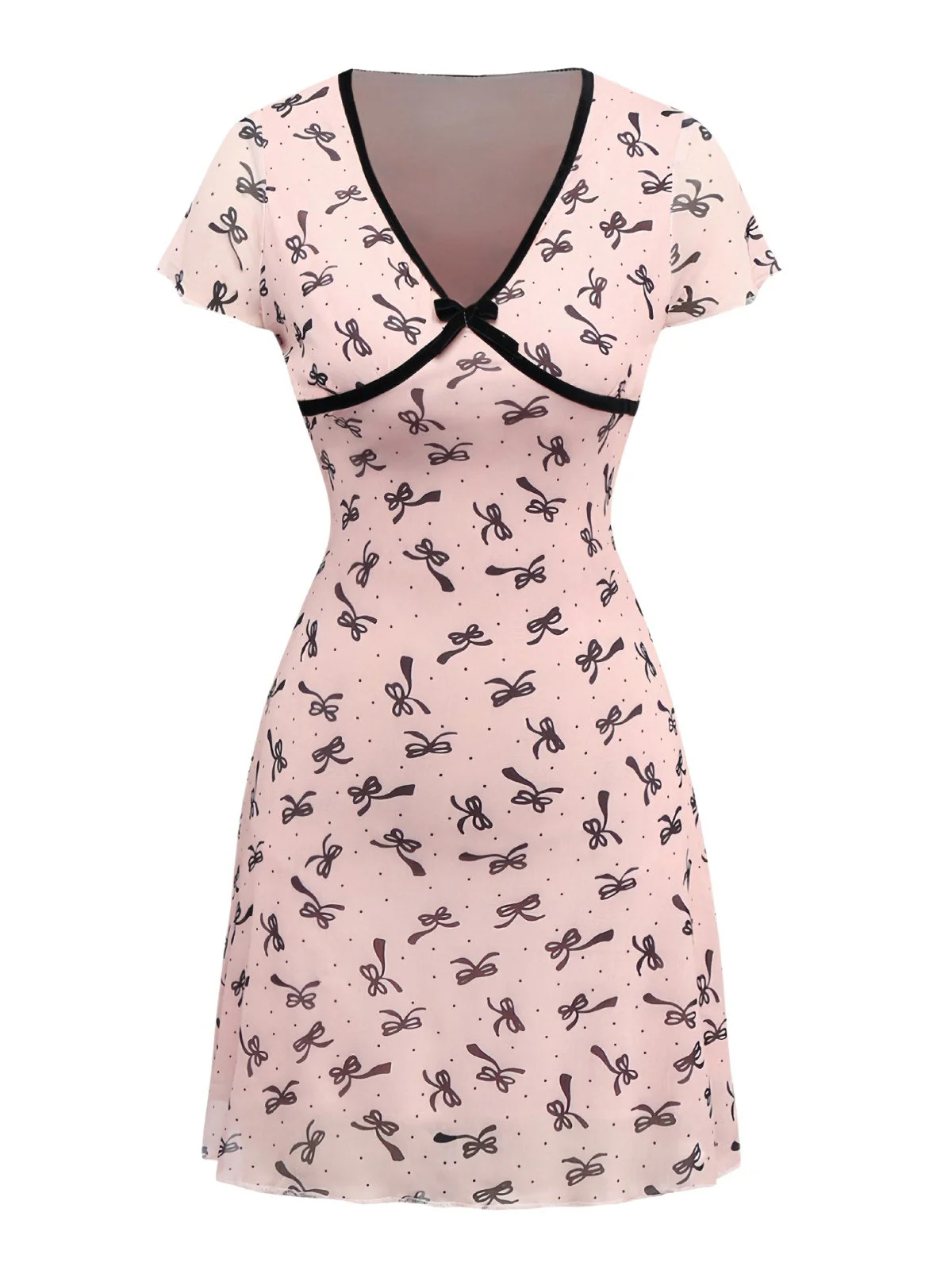 Pink 1960s Bow Print V-Neck Mesh Dress - Image 4