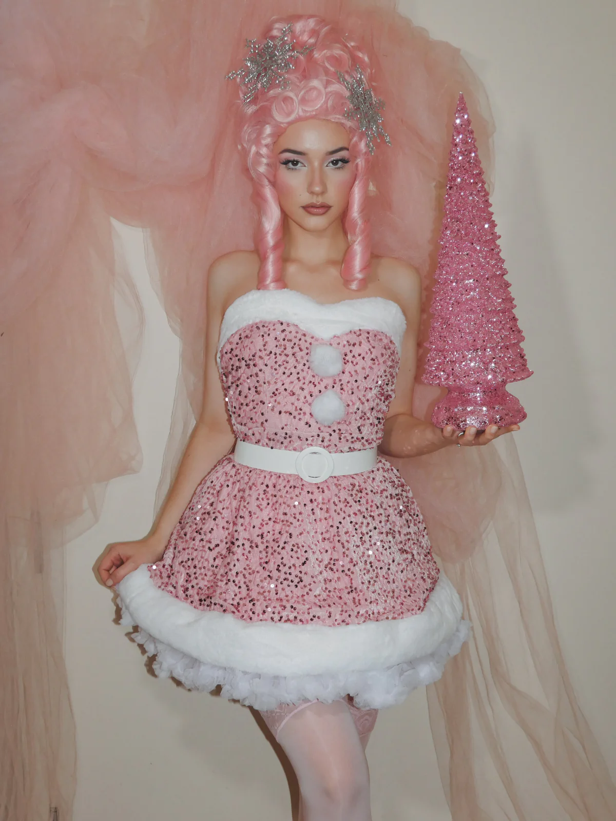 Pink 1960s Christmas Fur Sequin Strapless Dress - Image 3