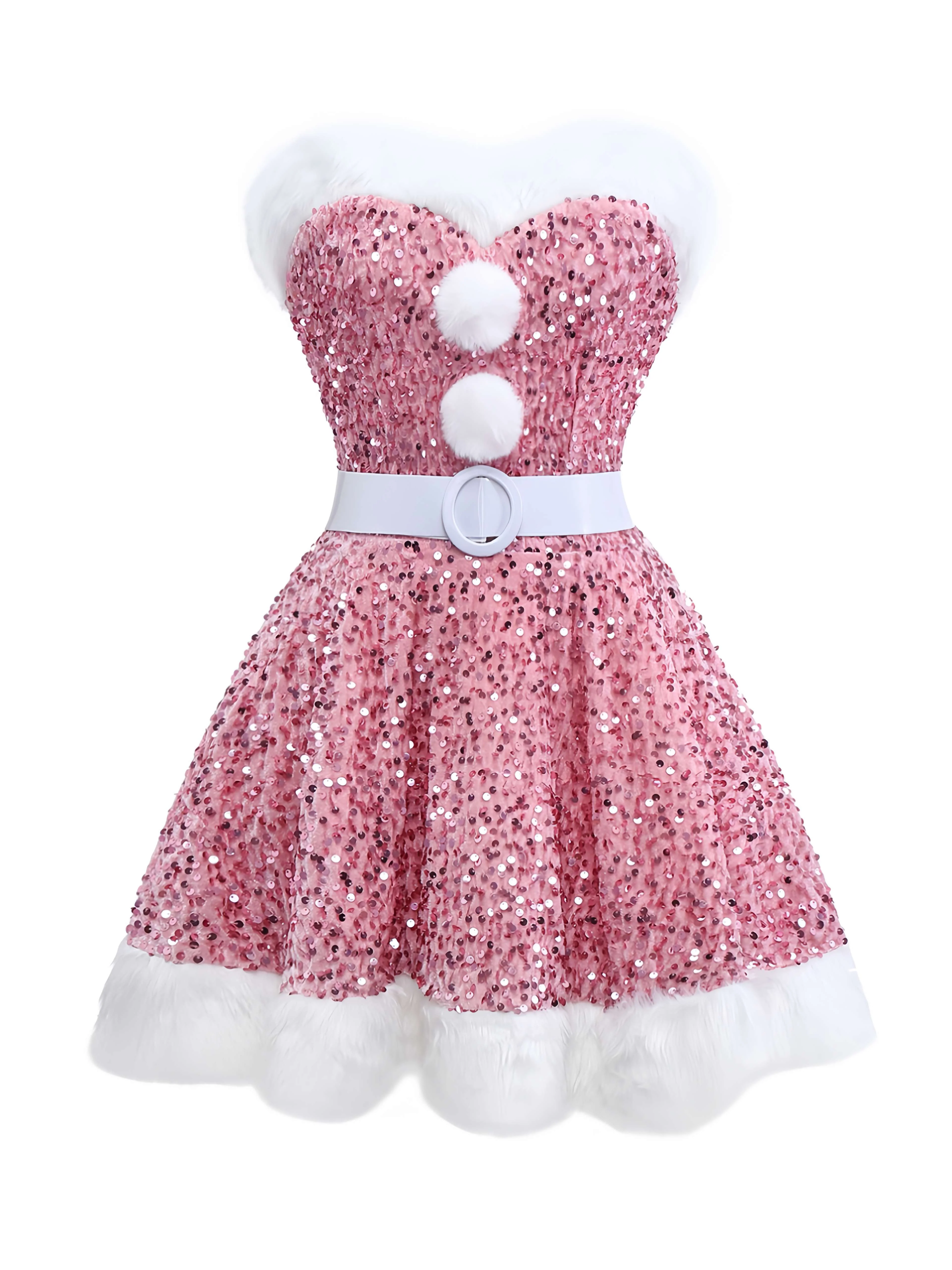 Pink 1960s Christmas Fur Sequin Strapless Dress - Image 3