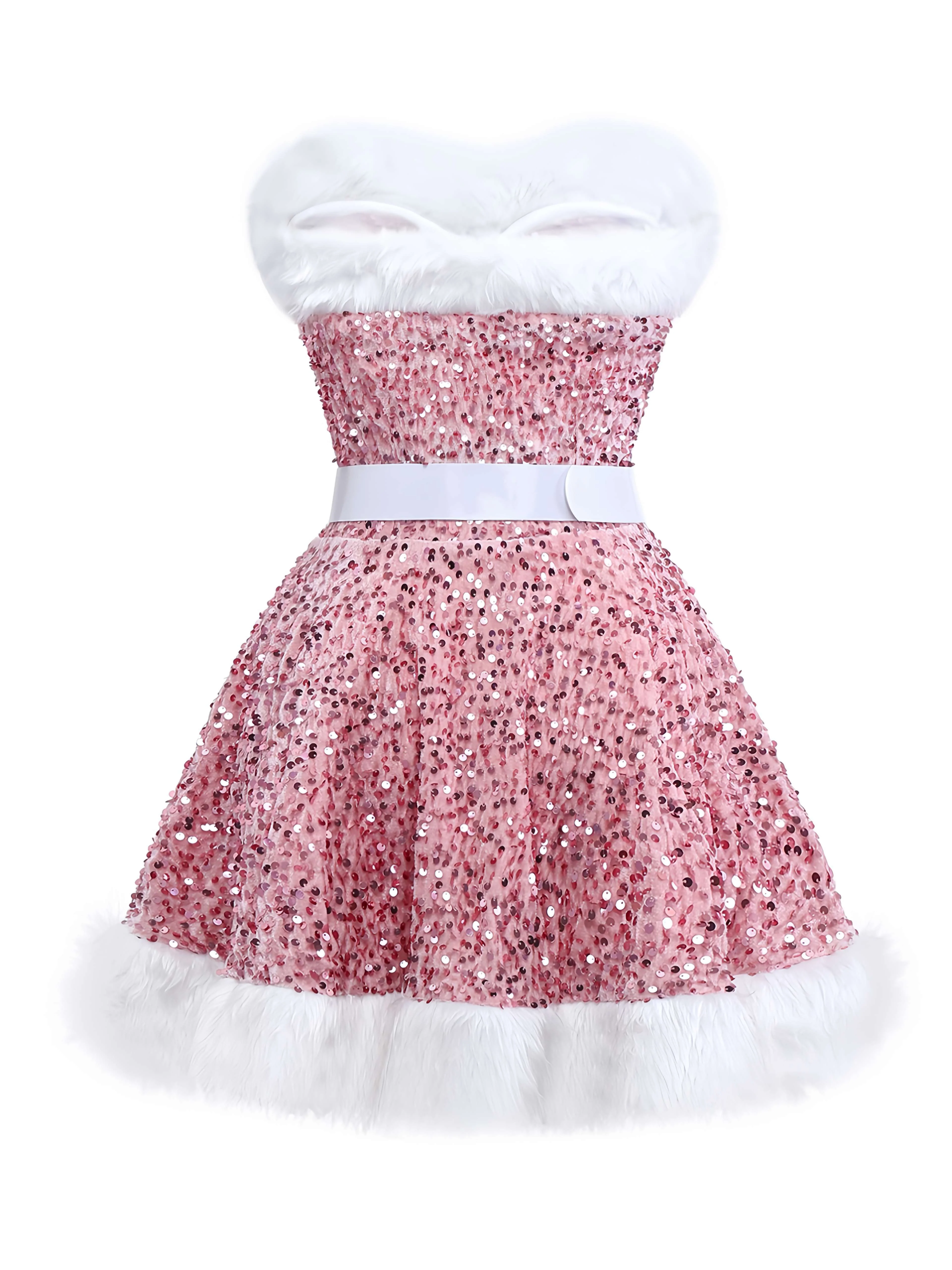 Pink 1960s Christmas Fur Sequin Strapless Dress - Image 4