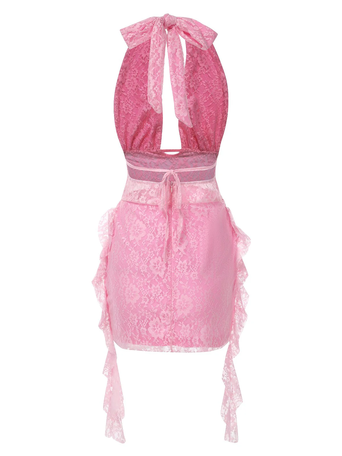 Pink 1960s Deep-V Halter Floral Lace Dress - Image 2
