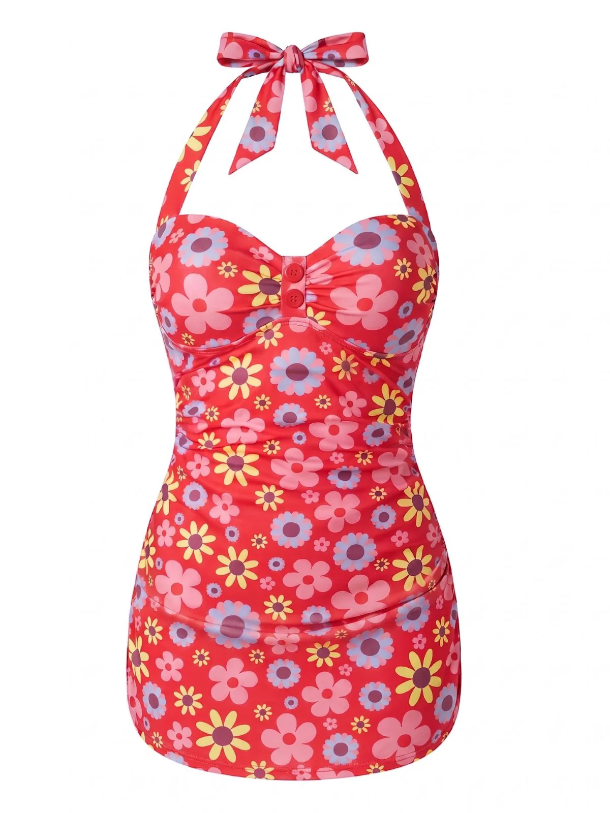 [Pre-Sale] Pink 1960s Floral Print Halter One-Piece Swimsuit - Image 2