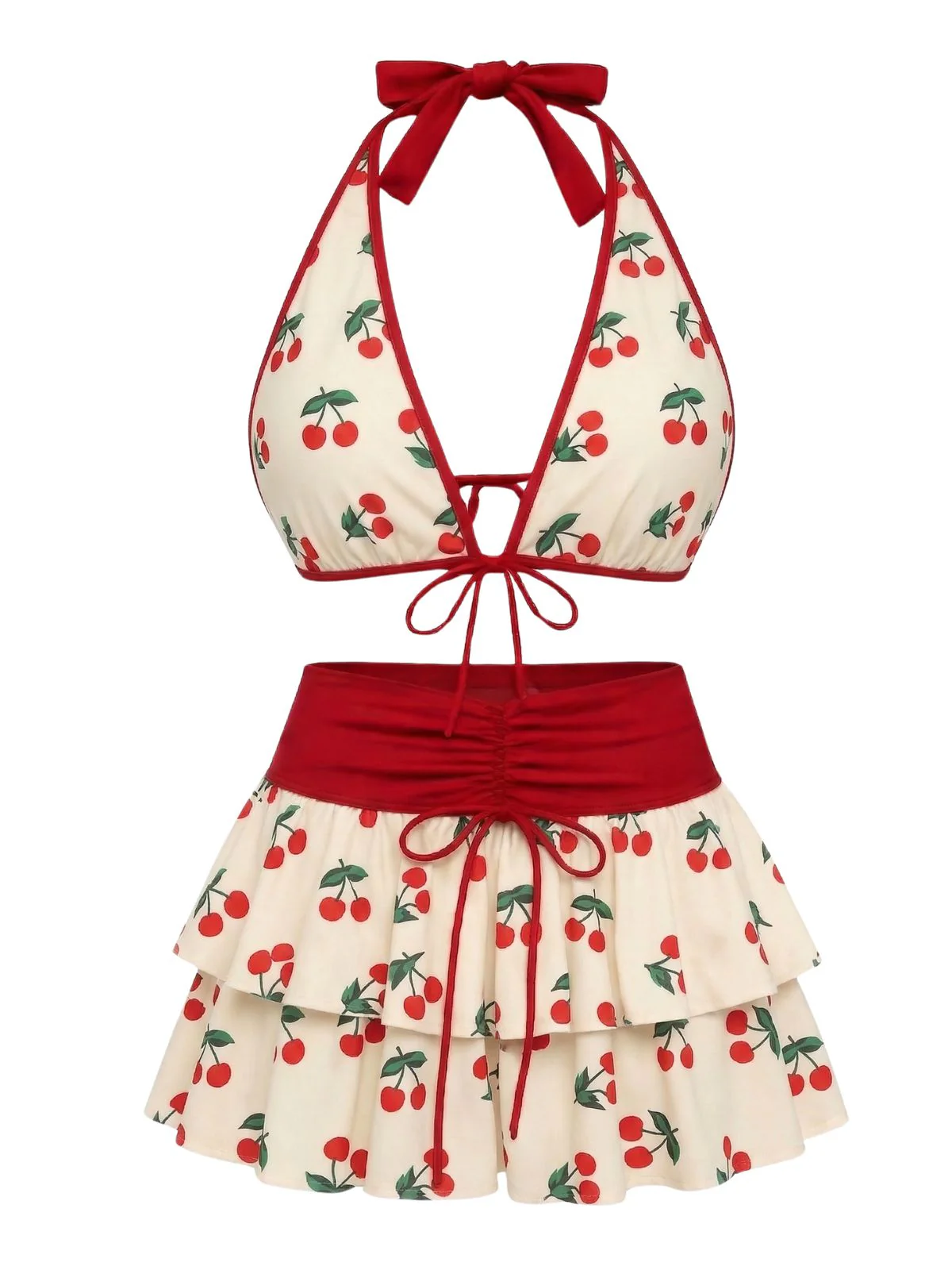 [Pre-Sale] Pink Strawberry 1960s Floral Print Tie-Front Layered Bikini Set - Image 15