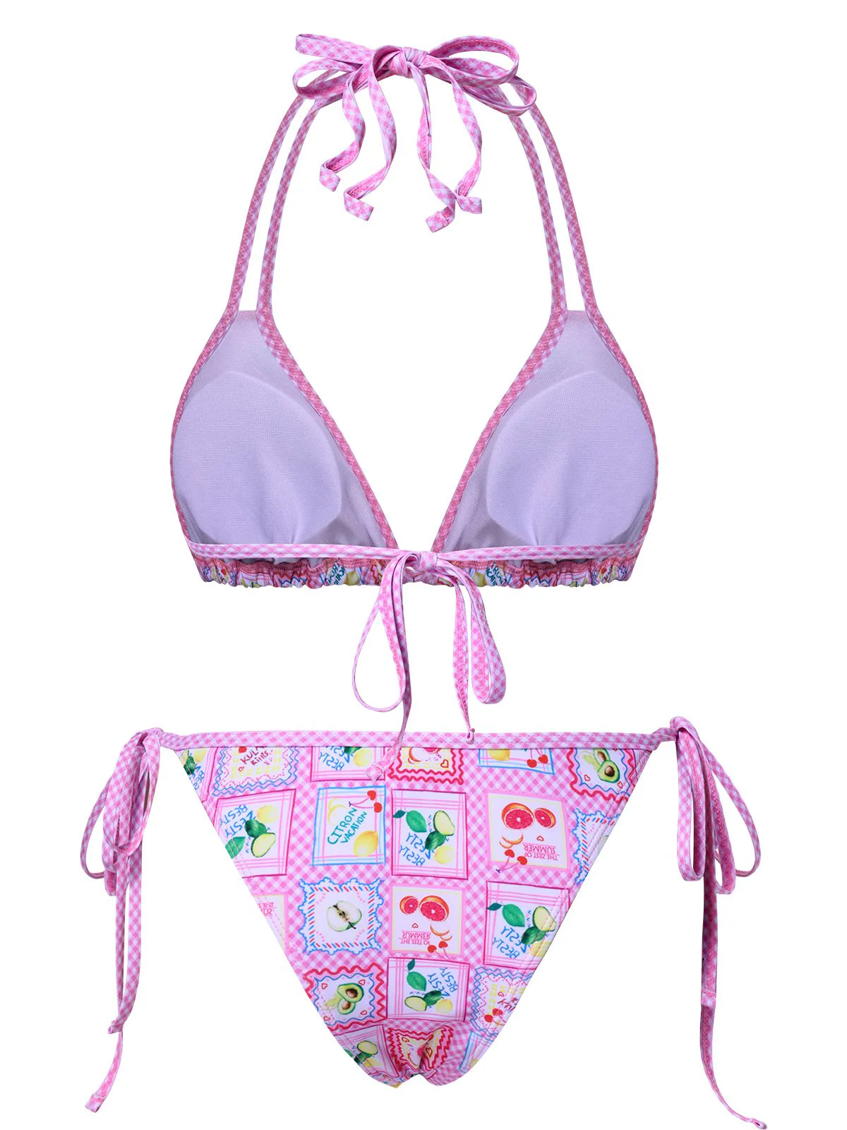 Pink 1960s Fruits Plaid Halter Bikini Set - Image 2