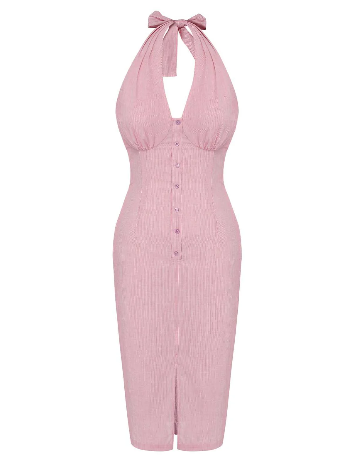Pink 1960s Halter Stripes Slit Dress - Image 4