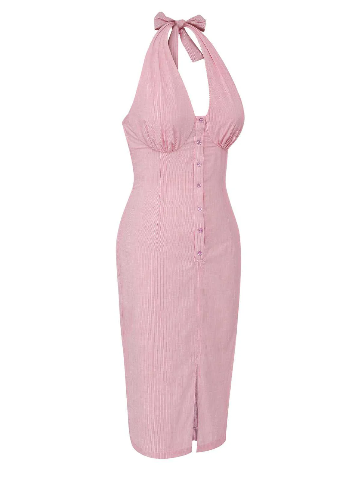 Pink 1960s Halter Stripes Slit Dress - Image 5