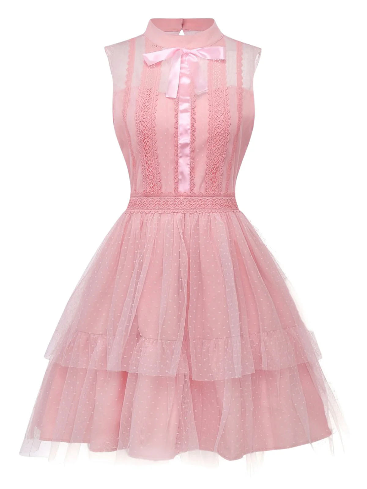 Pink 1960s Lace Trim Ribbon Bow Sleeveless Tulle Dress - Image 2