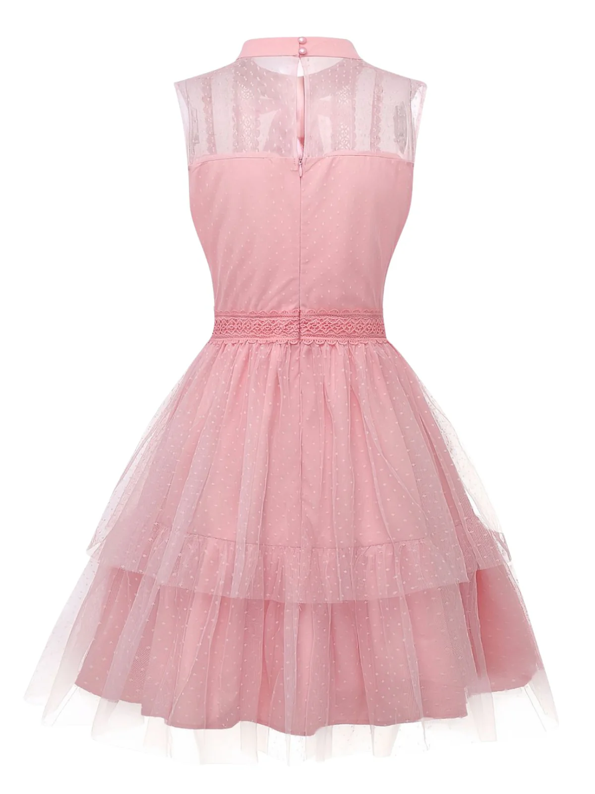 Pink 1960s Lace Trim Ribbon Bow Sleeveless Tulle Dress - Image 3