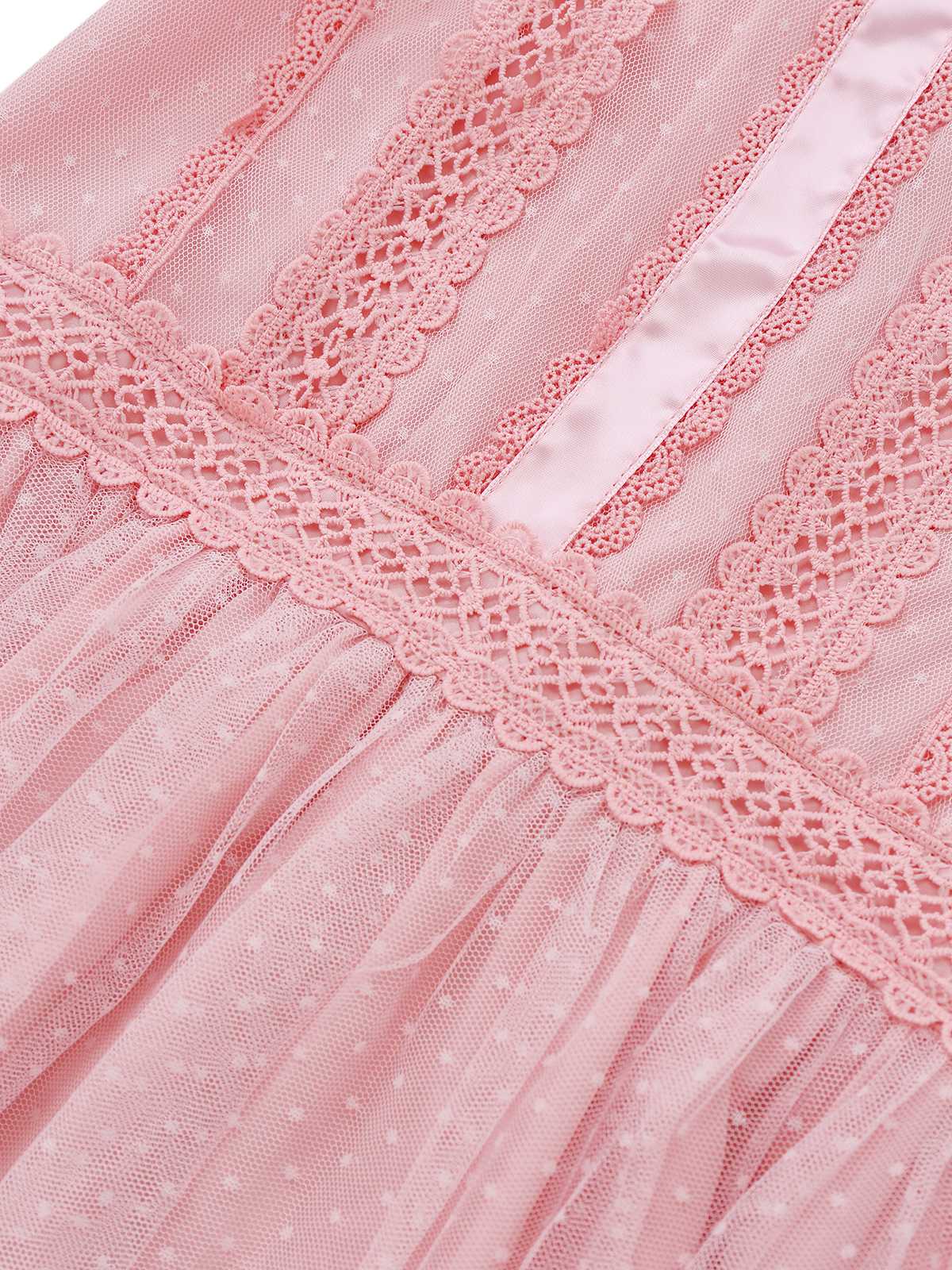 Pink 1960s Lace Trim Ribbon Bow Sleeveless Tulle Dress - Image 6