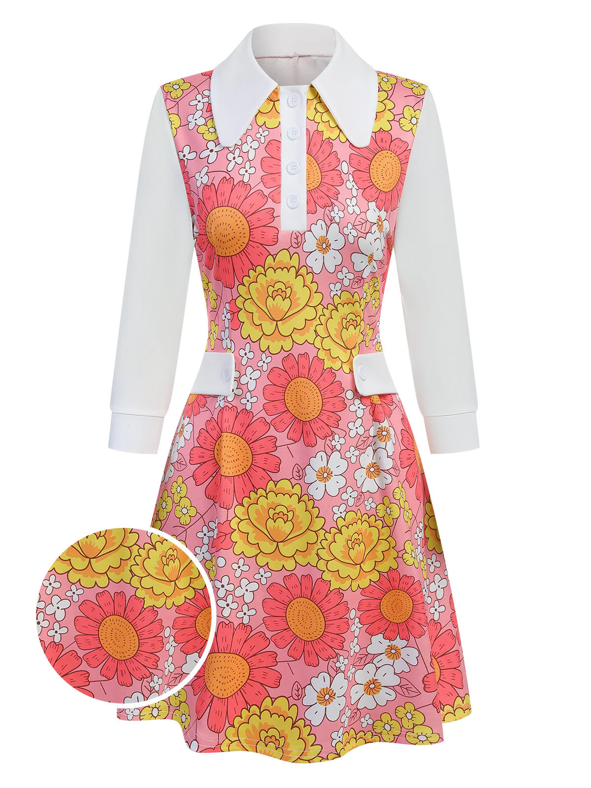 [Pre-Sale] Orange 1960s Lapel Flowers Patchwork Dress - Image 8
