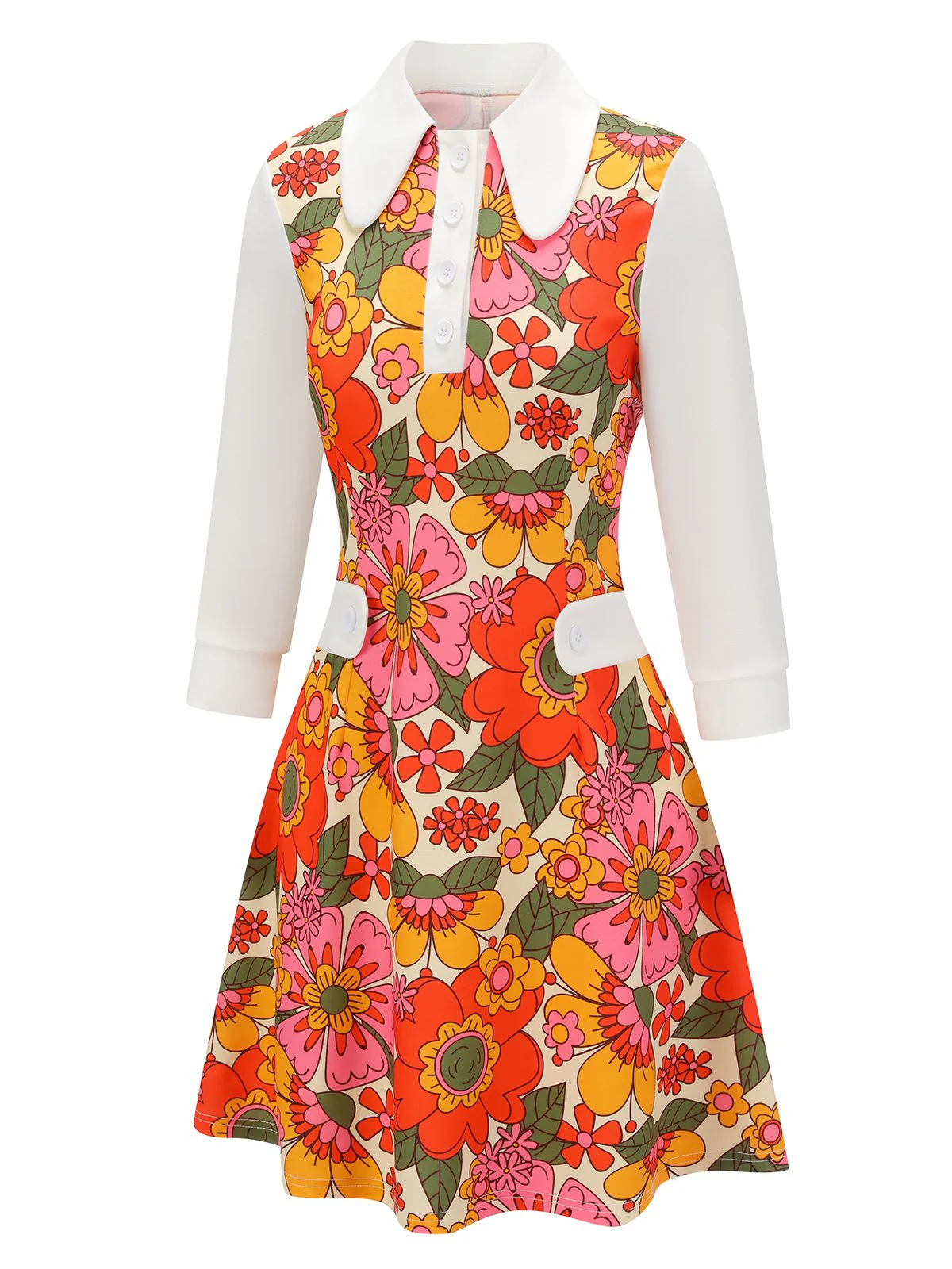 [Pre-Sale] Orange 1960s Lapel Flowers Patchwork Dress - Image 3