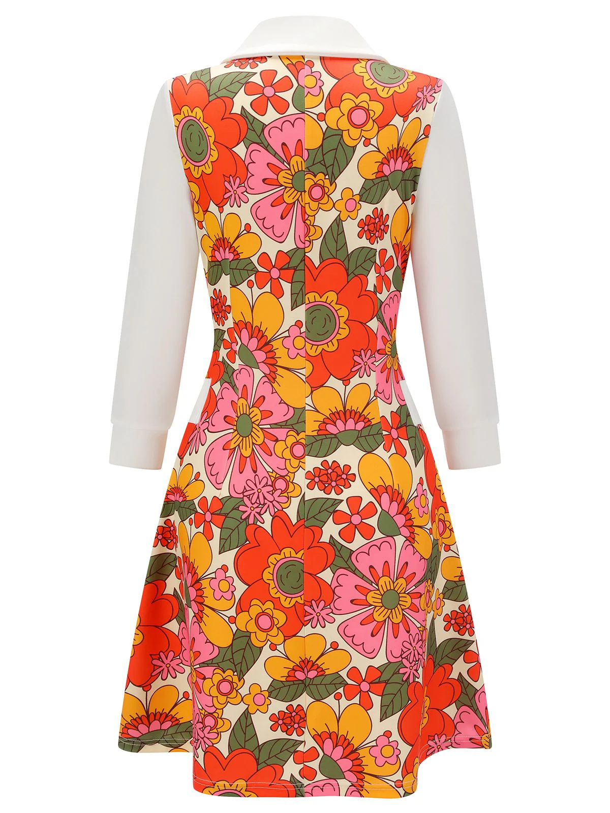 [Pre-Sale] Orange 1960s Lapel Flowers Patchwork Dress - Image 4
