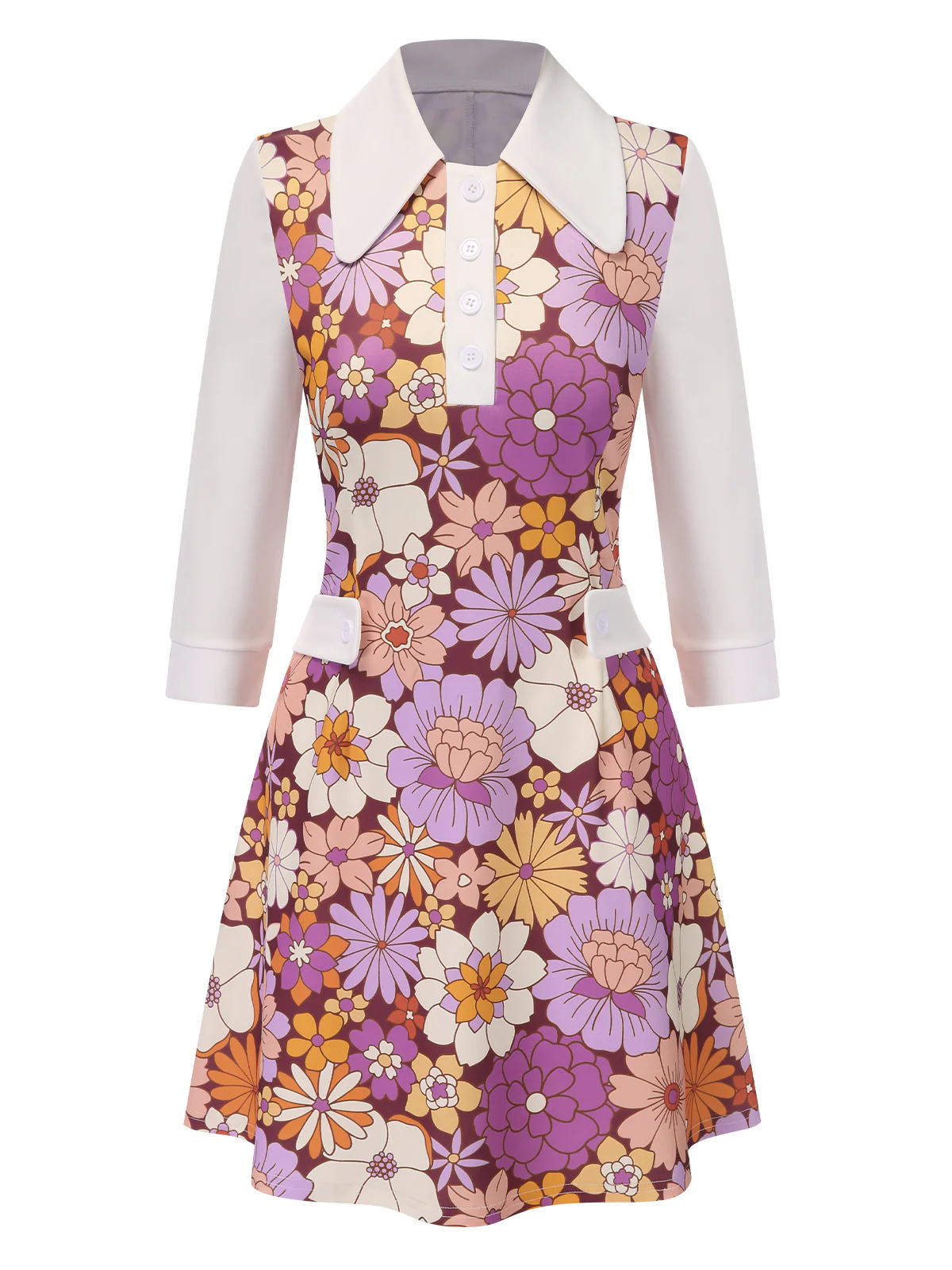 [Pre-Sale] Orange 1960s Lapel Flowers Patchwork Dress - Image 15