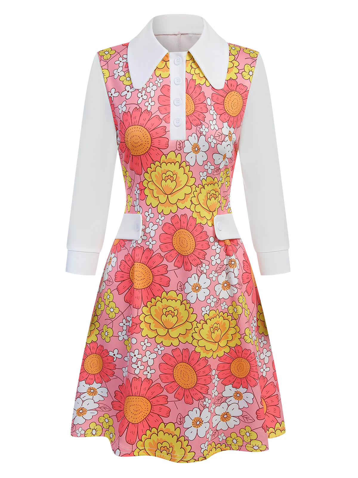 [Pre-Sale] Orange 1960s Lapel Flowers Patchwork Dress - Image 9