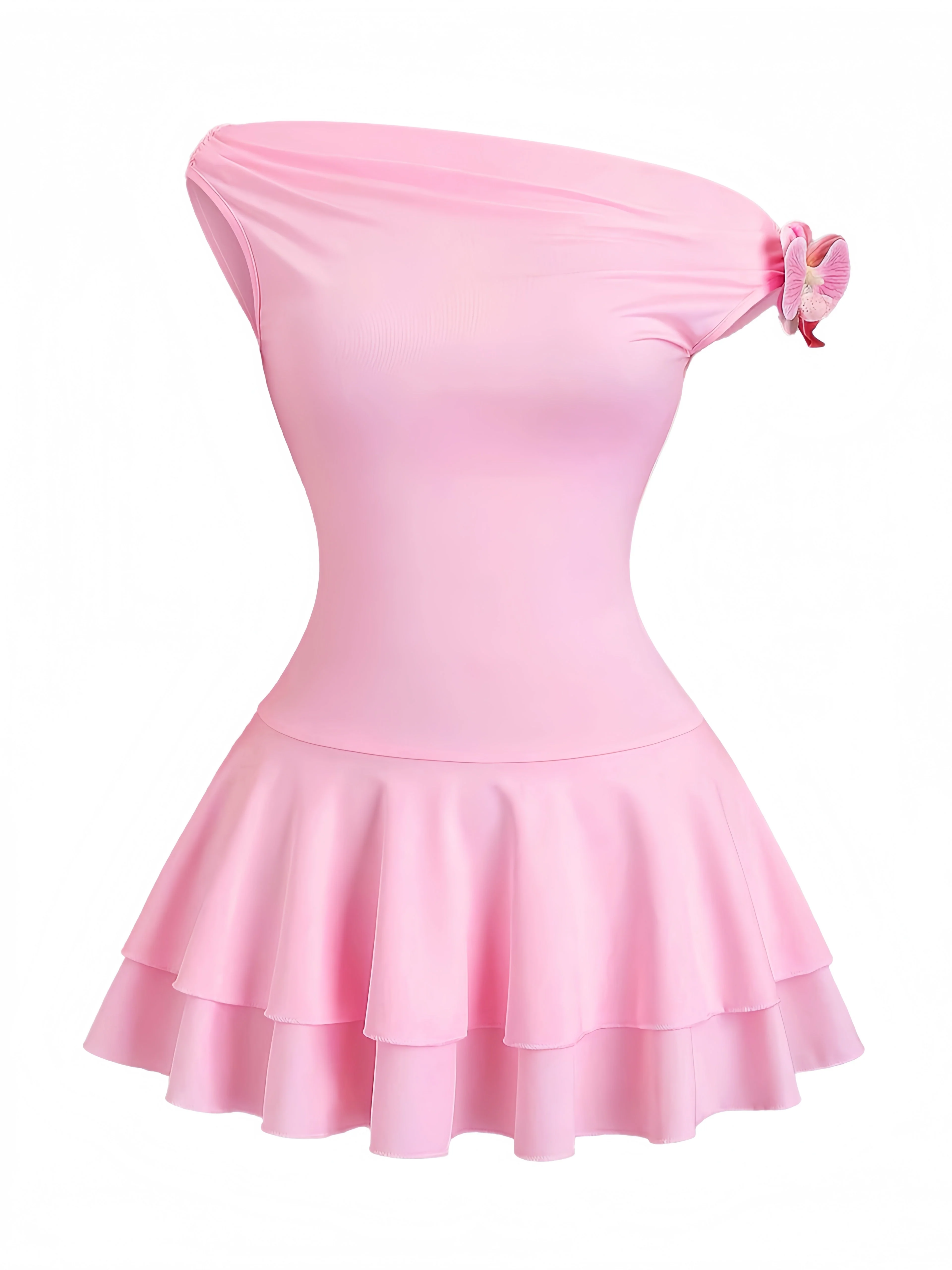 Pink 1960s One-Shoulder 3D Floral Tiered Dress - Image 2
