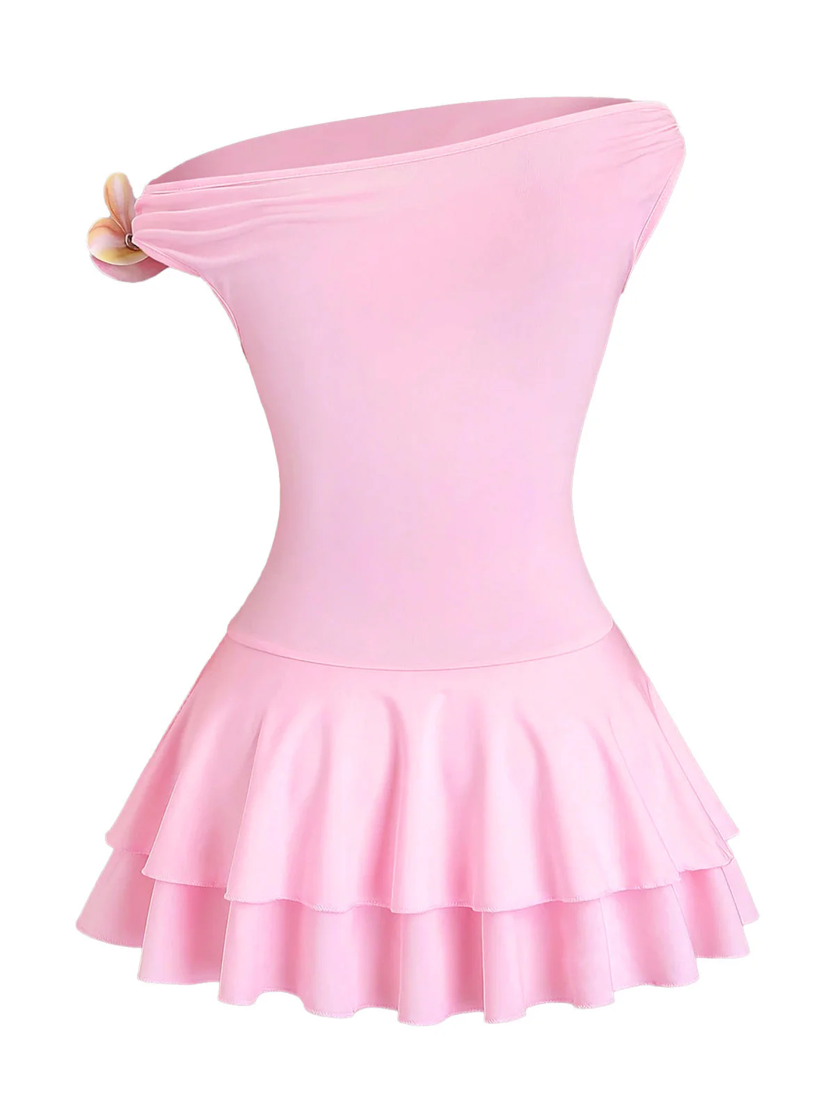 Pink 1960s One-Shoulder 3D Floral Tiered Dress - Image 3