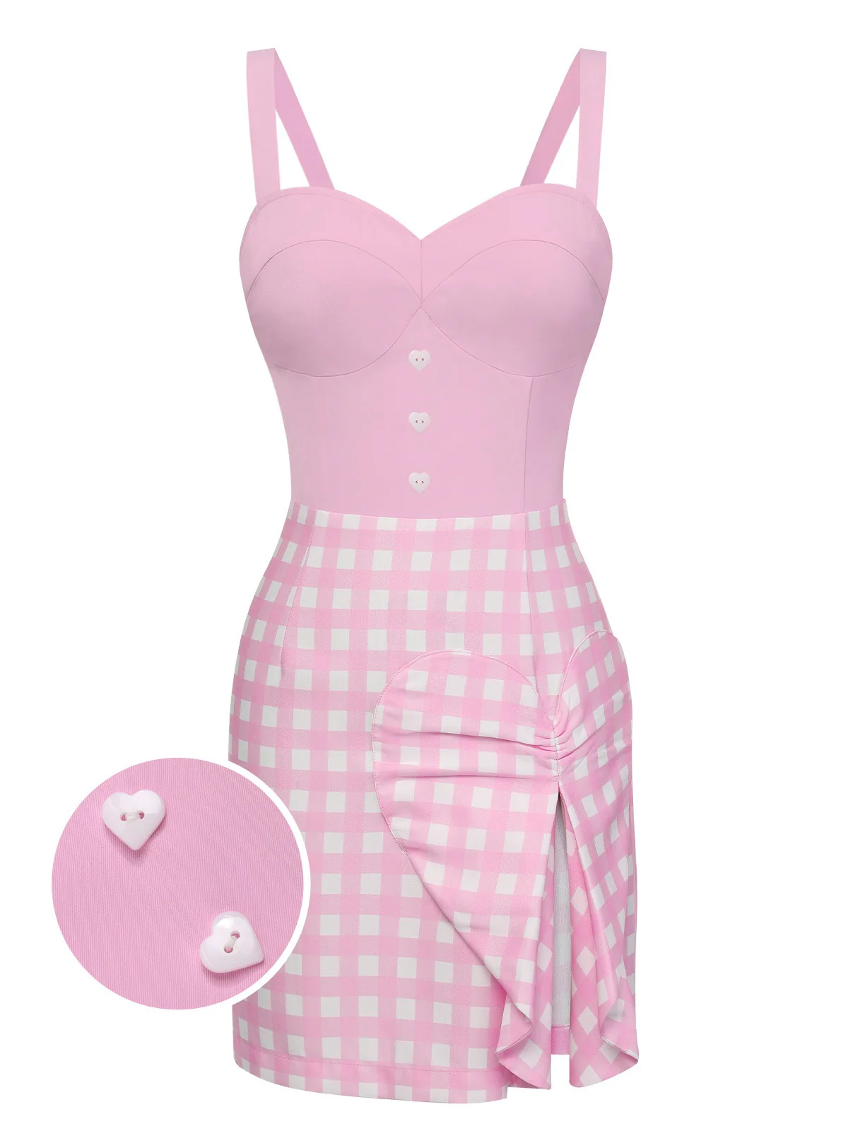 Pink 1960s Plaid Heart Slit Strap Dress - Image 2