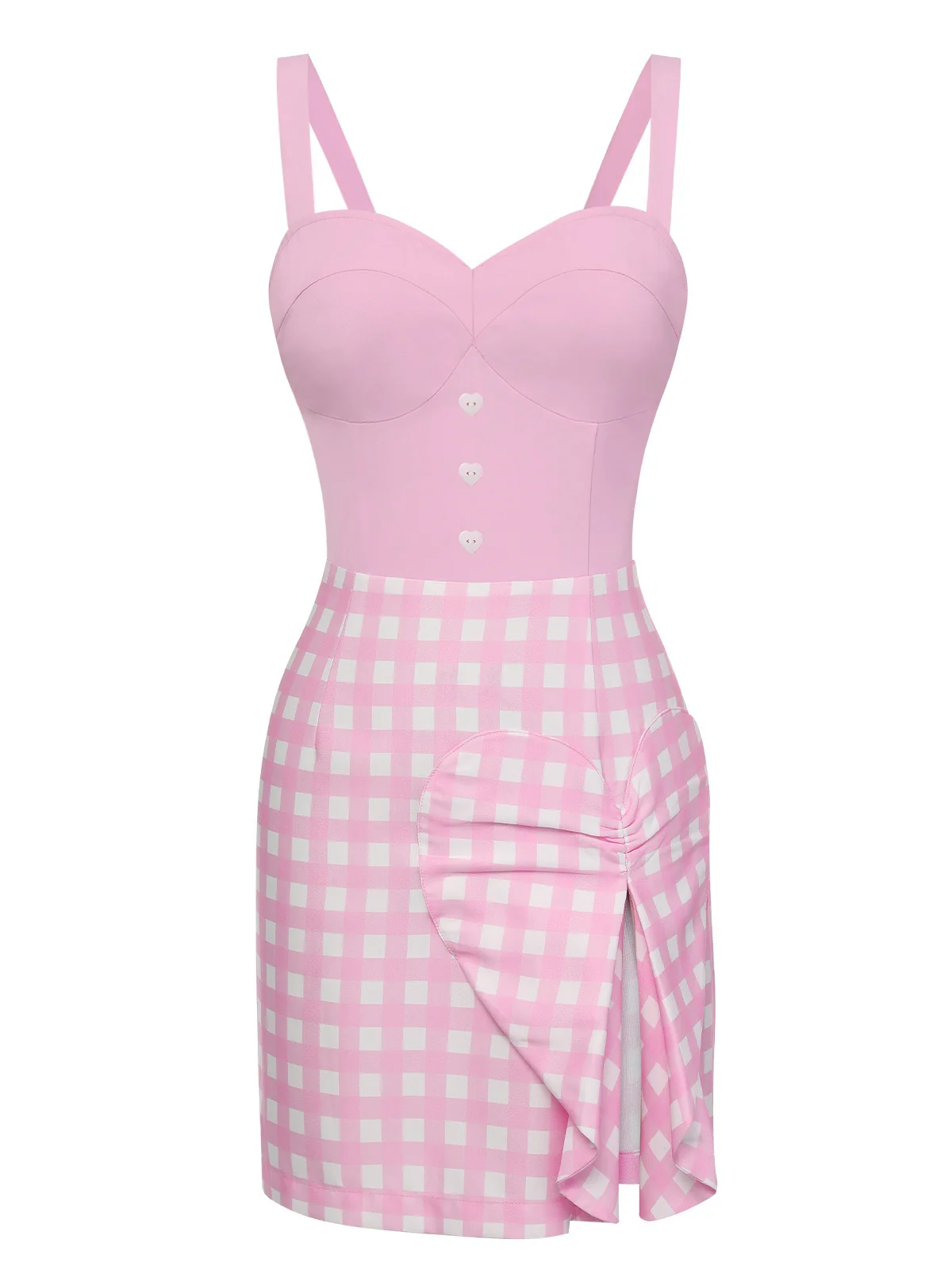 Pink 1960s Plaid Heart Slit Strap Dress - Image 3
