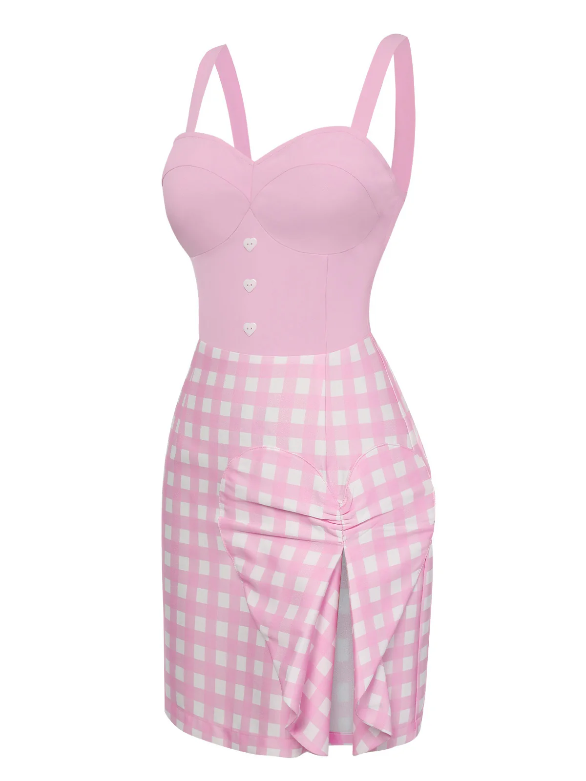 Pink 1960s Plaid Heart Slit Strap Dress - Image 4