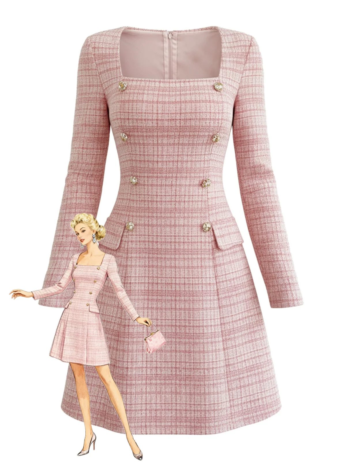 Pink 1960s Plaid Tweed Buttoned Square Neck Dress - Image 2