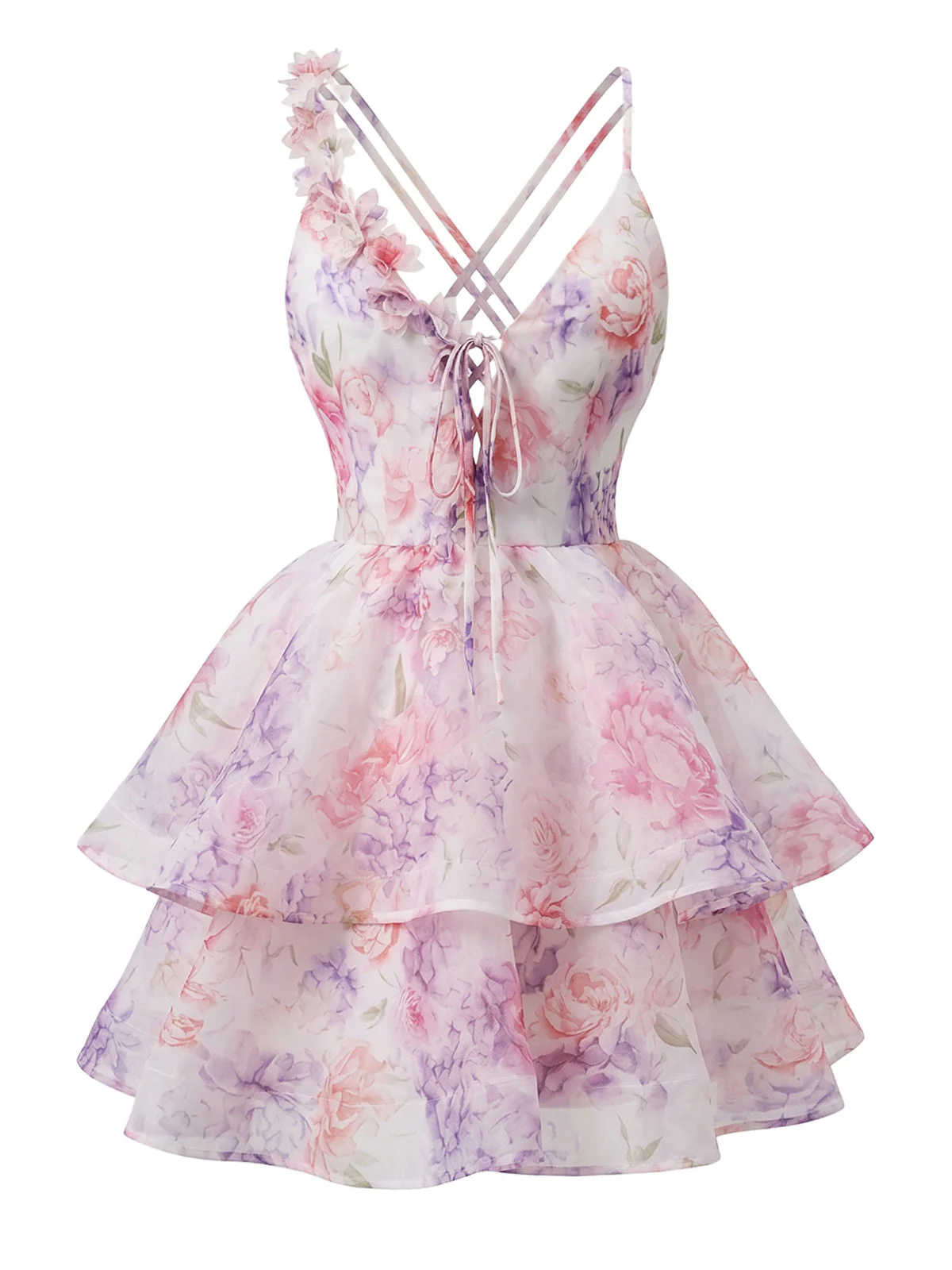Pink 1960s Plunging 3D Flower Tiered Backless Mini Dress - Image 2