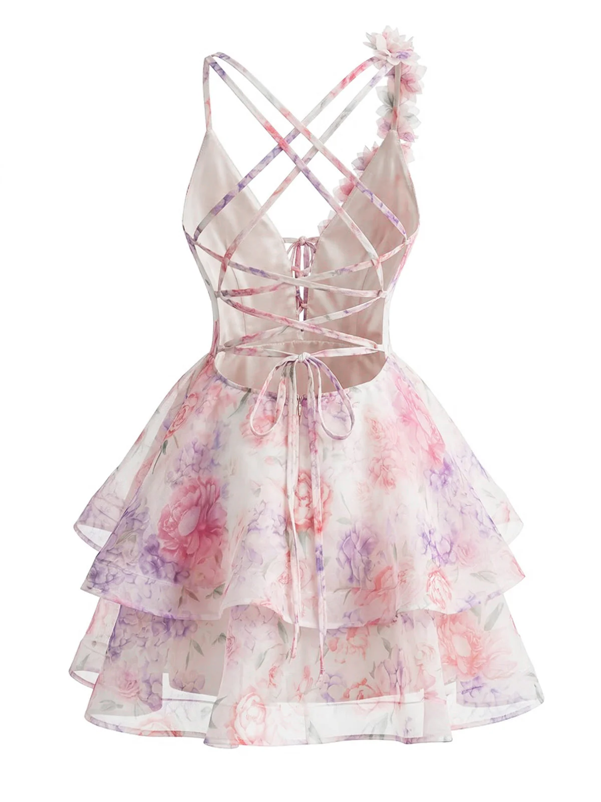 Pink 1960s Plunging 3D Flower Tiered Backless Mini Dress - Image 3