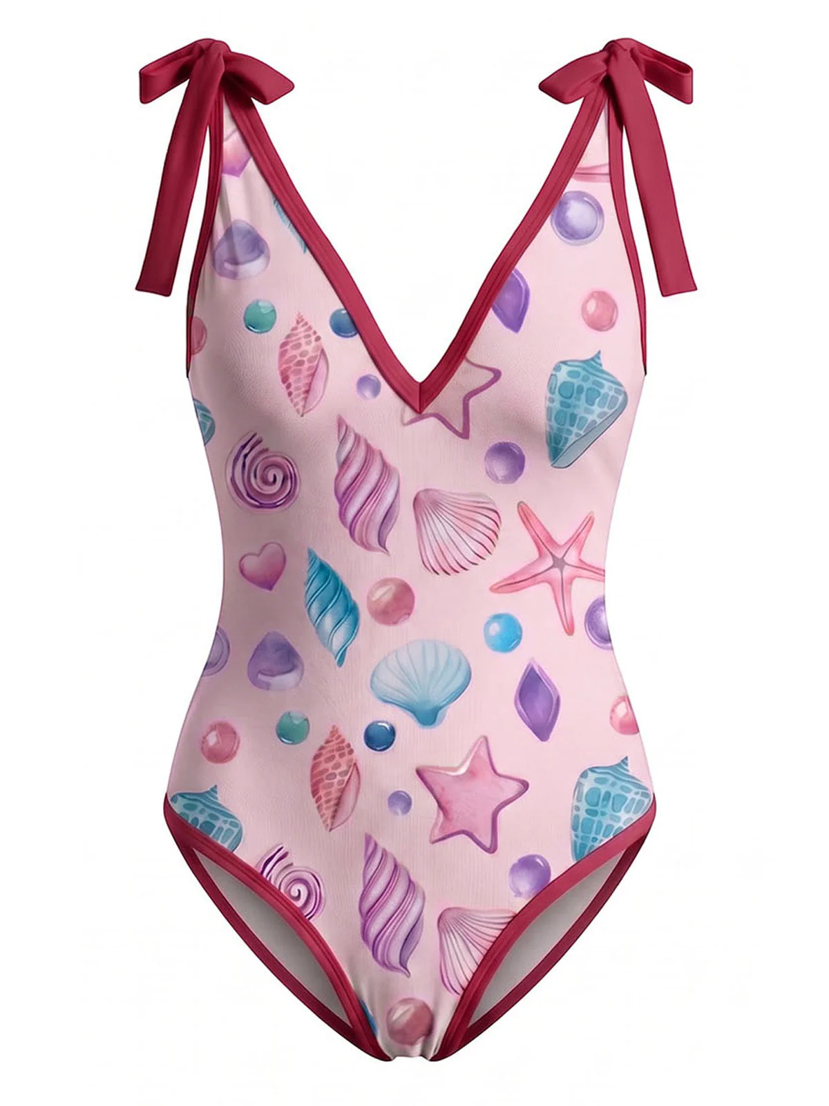 [Pre-Sale] Pink 1960s Shell Print Tie One-Piece Swimsuit & Cover-Up - Image 2