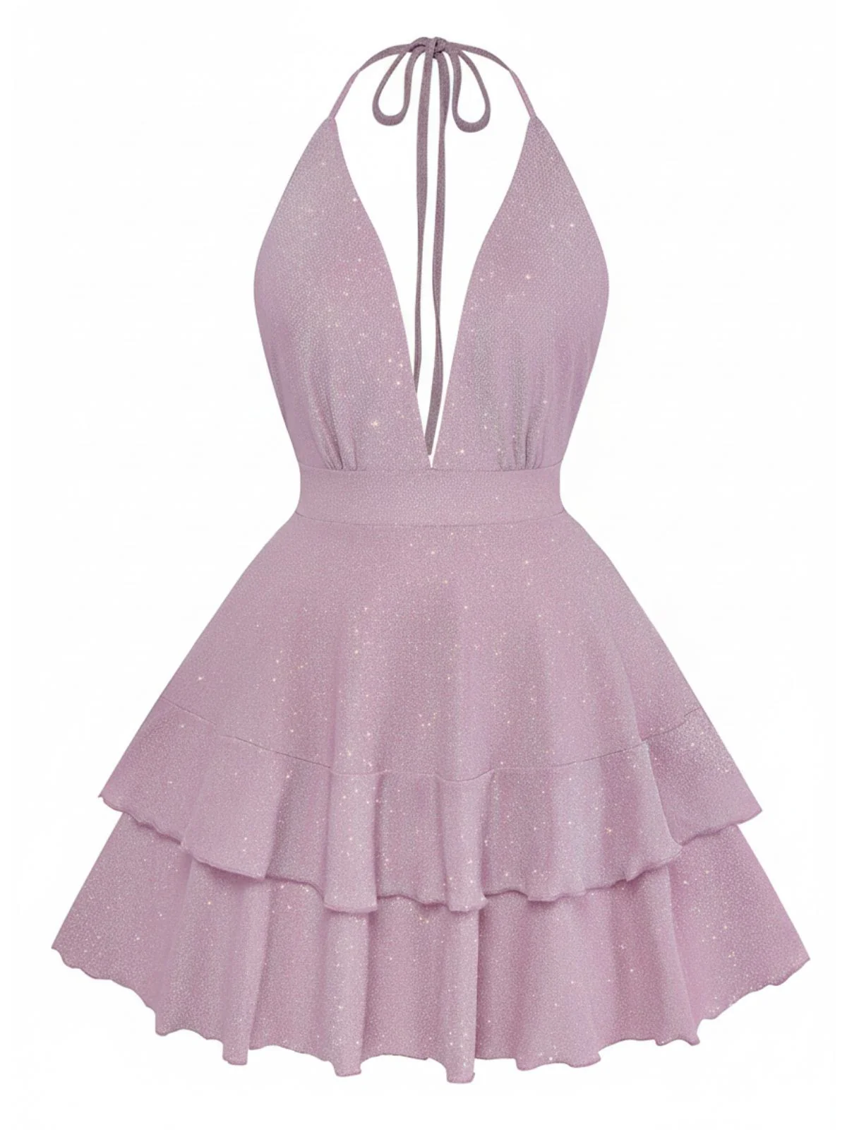 Pink 1960s Solid Glitter Deep V-Neck Mini Dress - Image 2