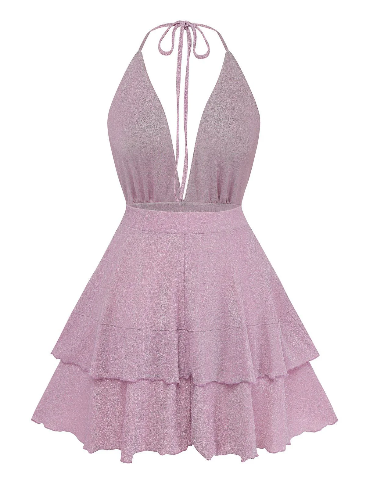 Pink 1960s Solid Glitter Deep V-Neck Mini Dress - Image 3