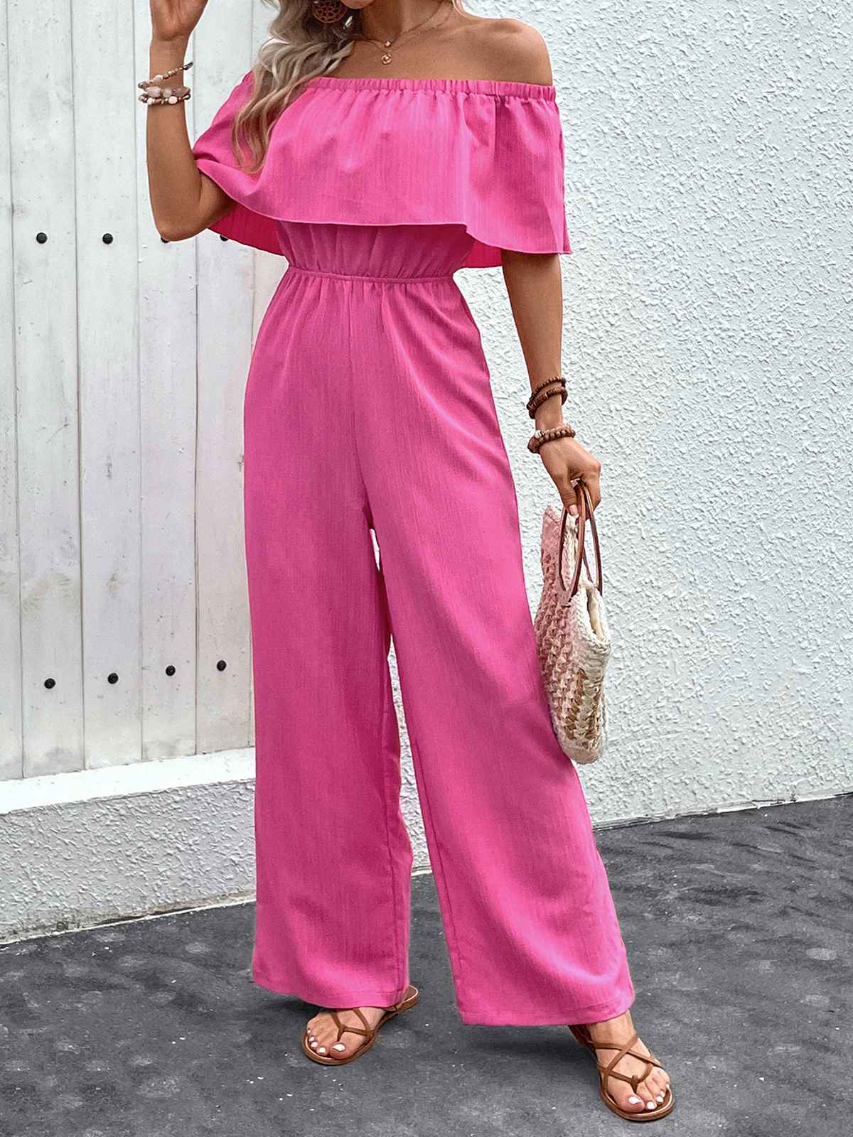 Pink 1960s Solid Off-Shoulder Wideleg Jumpsuit - Image 2