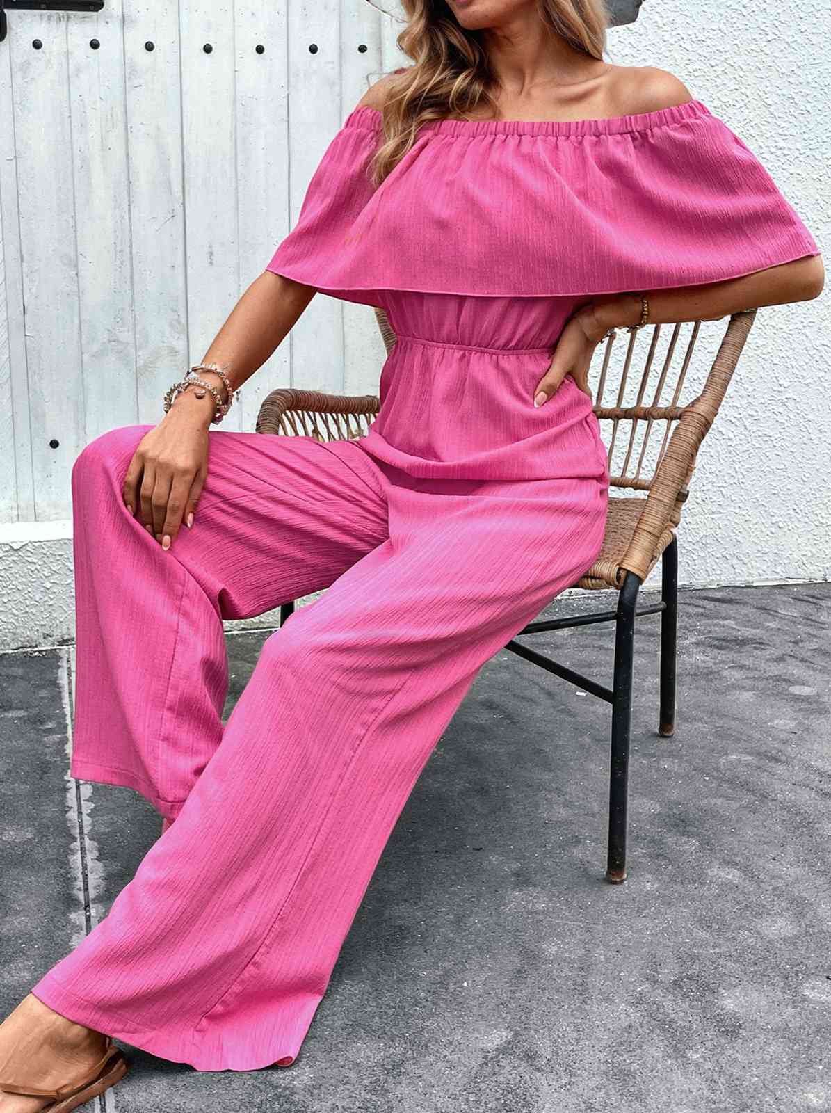 Pink 1960s Solid Off-Shoulder Wideleg Jumpsuit - Image 3