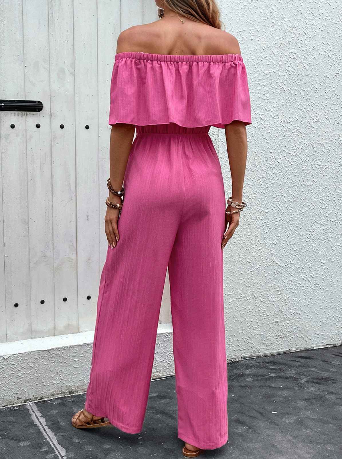 Pink 1960s Solid Off-Shoulder Wideleg Jumpsuit - Image 4