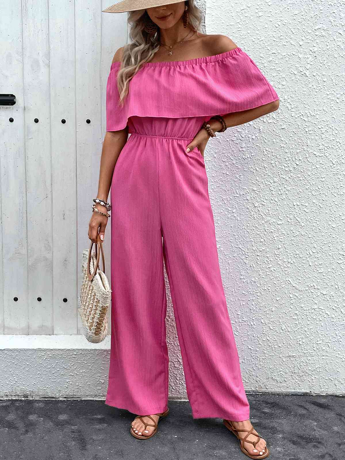Pink 1960s Solid Off-Shoulder Wideleg Jumpsuit - Image 5