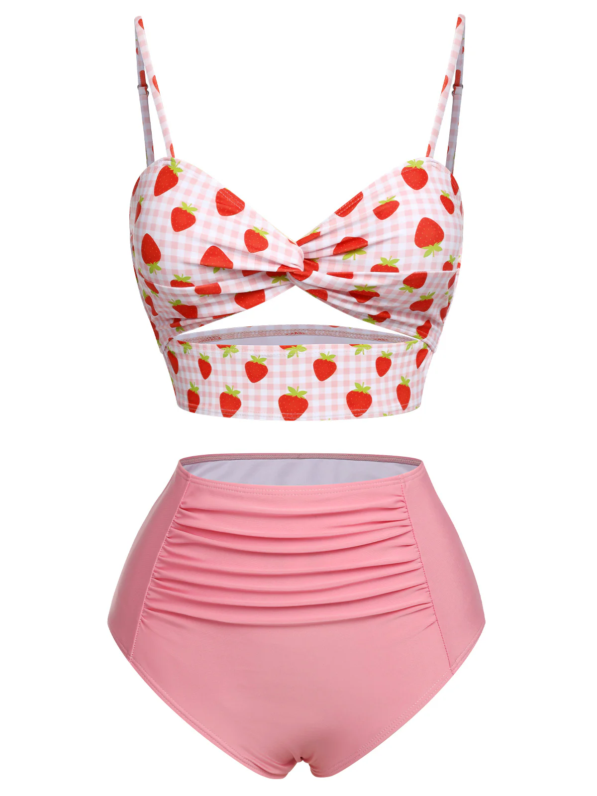 Pink 1960s Strawberry Plaid Halter Swimsuit - Image 2