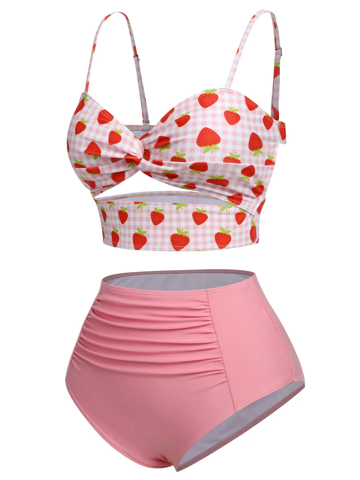 Pink 1960s Strawberry Plaid Halter Swimsuit - Image 3