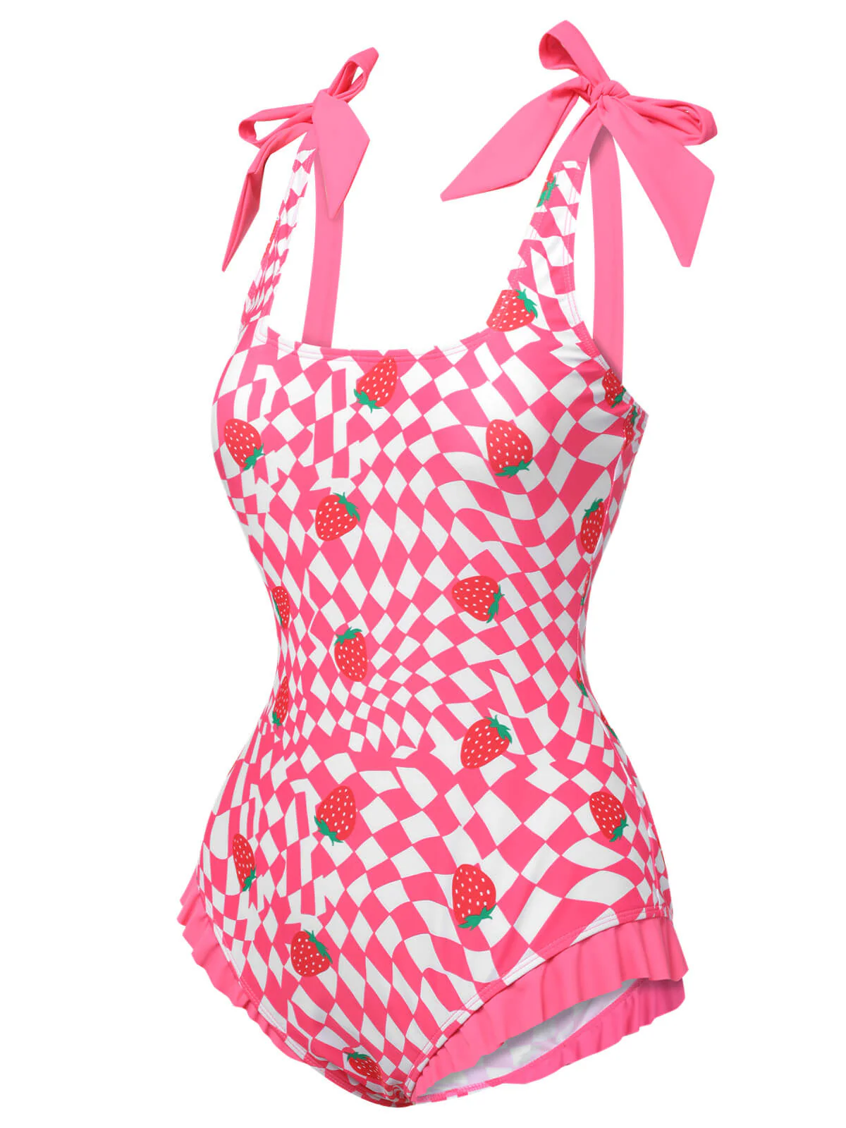 Pink 1960s Strawberry Plaid One-Piece Swimsuit - Image 3