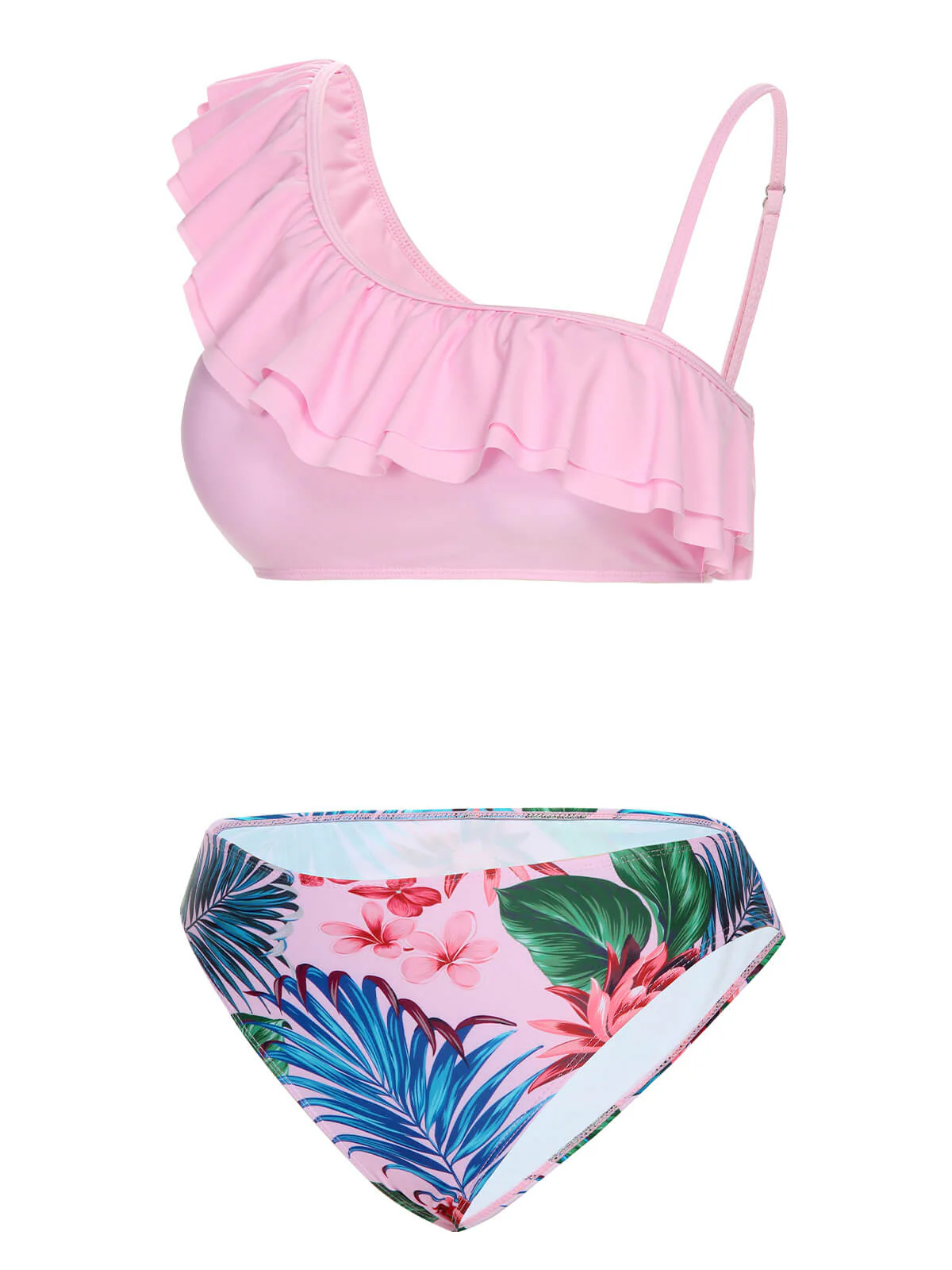 Pink 1960s Tropical Plants Ruffles Swimsuit - Image 2
